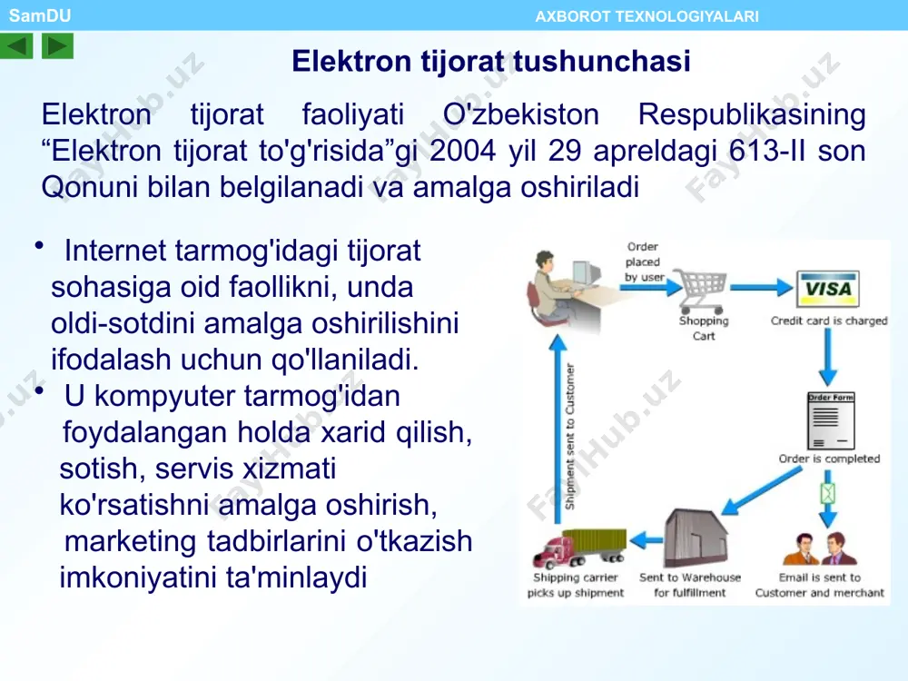u axborot texnologiyalari websum – bu internet tarmog'i orqali bir zumda tovar yoki xizmatlarni sotish yoki xarid qilish imkonini beruvchi elektron to'lov tizimidir. websum elektron to'lov tizimi manzili: www.websum.uz ipay elektron to'lov tizimi samdu axborot texnologiyalari ipay – bu uzexdagi birja savdolarida, www.uzbex.com global savdo maydonchasida, hamda ipay tizimiga qo'shilgan internet do'konlarda onlayn to'lovlarni amalga oshirish imkonini beruvchi, o'zbekiston respublikasi tovar hom-ashyo birjasining to'lov tizimidir. ipay elektron to'lov tizimi manzili: www.ipay.uz samdu axborot texnologiyalari texnika vositalaridan, axborot texnologiyalaridan va axborot tizimlari xizmatlaridan foydalangan holda elektron to'lov hujjatlari vositasida naqd pulsiz hisob-kitoblarni amalga oshirish elektron to'lovdir. elektron to'lov tizimida tovar xizmatlar to'lovi xaridorning elektron hisobidan shaxsiy bank raqami hisobiga pul mablag'larini chiqarish imkoniga ega bo'lgan sotuvchining elektron hisobiga pul mablag'larini o'tkazish yo'li bilan amalga oshiriladi. elektron to'lov tizimlari va ular orqali to'lovlarni amalga oshirish elektron karmon, ularni to'ldirish va ulardan pul yechish samdu axborot texnologiyalari elektron karmon - bu elektron pullarni …