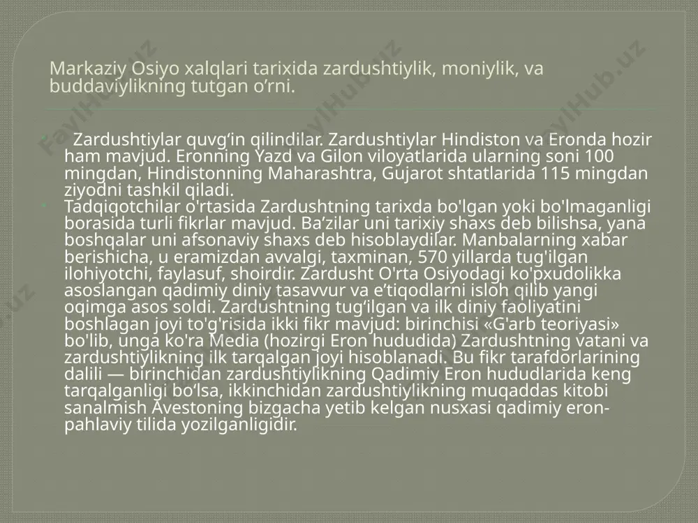 (zardushtiylik ruhoniylari)ning qistovi bilan fors davlatining yangi shohi bahrom i moniyni zindonga tashlashga farmon bergan va 276-yilda katl ettirgan. shundan so‘ng moniy izdoshlarining ba’zilari qiynoqlarga mahkum etilgan, ayrimlari mamlakatdan badarg‘a qilingan. aksariyat qismi esa g‘arbda rim imperiyasi, sharqda esa xitoy, uyg‘uriston hamda ularning atrofidagi davlatlarda panoh topib, moniylik ta’limotini rivojlantirganlar. markaziy osiyo xalqlari tarixida zardushtiylik, moniylik, va buddaviylikning tutgan o’rni. moniyning ta’limotida nur va zulmat o‘rtasidagi azaliy kurash asosiy o‘rinni egallaydi. uning mazmun-mohiyati esa, nurning zulmat ustidan g‘alaba qozonishiga ishonishdir. moniylik mahalliy dinlar — zardushtiylik, buddaviylik va xristianlik xususiyatlarini o‘zida mujassamlashtirgan. moniy o‘zini avvalgi dinlarning "to‘g‘rilovchi payg‘ambari" deb e’lon qilgan. u xristianlikdan messionizm va "masih" e’tiqodini o‘zlashtirgan. borliqning 2 substansiya asosi — yorug‘lik, yaxshilik va ruh olami bilan zulmat, yovuzlik va moddiyat olamining o‘zaro kurashini e’tirof etuvchi zardushtiylik dualizmi moniylikning asosini tashkil etadi. ularning e’tiqodicha, birinchi olamda nur (xudo), ikkinchisida — zulmat (shayton) xukmronlik qiladi. markaziy osiyo xalqlari tarixida zardushtiylik, …