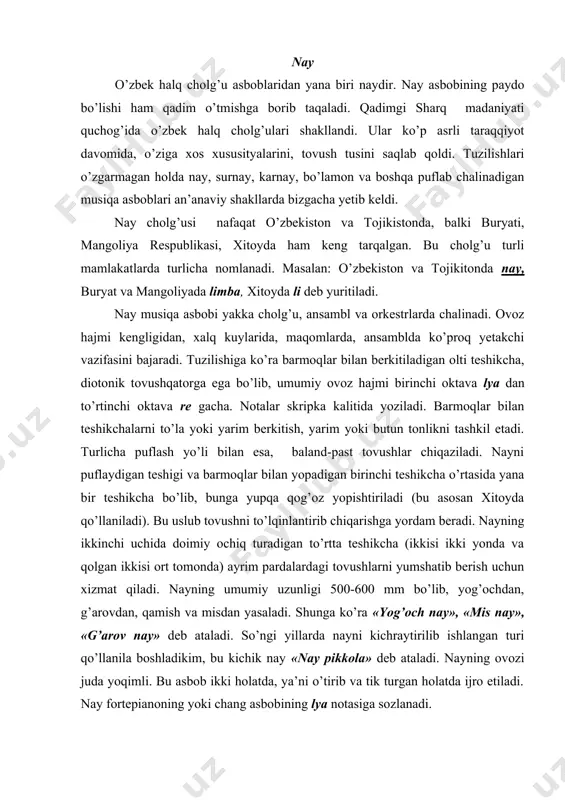 o’ngi yillarda nayni kichraytirilib ishlangan turi qo’llanila boshladikim, bu kichik nay «nay pikkola» deb ataladi. nayning ovozi juda yoqimli. bu asbob ikki holatda, ya’ni o’tirib va tik turgan holatda ijro etiladi. nay fortepianoning yoki chang asbobining lya notasiga sozlanadi. nay asbobida o’zining mohirona ijrosi bilan shinavandalar qalbidan chuqur o’rin olgan marhum ijrochilar: abduqodir ismoilov, saidjon kalonov, dadaali soatqulov, jamil kamolov, isoq qodirov, mahmud muhamedov, rabbim hamdamov, yusufjon dadajonov, uzoq mahmudov va yashin haqqulovlar. nay chalish sabog’ini olayotgan har bir yosh talabalarimiz yuqorida nomlari tilga olingan ustozlar hayotini va ular ijro etgan dilrabo ohanglardan bahramand bo’lishlari lozim. hozirgi kunda xizmat qilib kelayotgan mashhur naychilar: mirza toyirov, halimjon jo’rayev, shukrullo ahmadjonov, ahmadjon sobirov, abdulahad ergashev, ilhomjon javdotov, halimjon sharipov, mansur jomurodov va boshqalar. surnay surnayning paydo bo’lishi ham eramizdan oldingi asrlarga borib taqaladi. ix asr oxirida samoniylar mahalliy feodal sulolasi o’rta osiyoni katta qismini birlashtirishga erishdi. davlatning poytaxti buxoro yirik madaniy markazga …