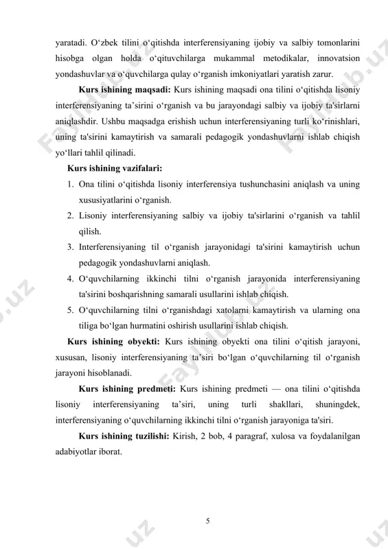 a tuzishdagi xatoliklar, talaffuzdagi noaniqliklarga olib kelishi mumkin. lisoniy interferensiya ikki asosiy shaklda ko‘rinadi: salbiy interferensiya va ijobiy interferensiya. salbiy interferensiya, asosan, o‘rganilayotgan tilga xos grammatik qoidalar va talaffuzni noto‘g‘ri o‘zgartirish bilan bog‘liq bo‘lib, bu til o‘rganishda xatolarni keltirib chiqaradi. masalan, o‘zbek tilidagi oddiy so‘z tartibidagi qoidalarning ingliz tiliga bevosita o‘tkazilishi yoki boshqa tilning so‘z birikmalarining noto‘g‘ri qo‘llanishi salbiy interferensiya misolidir. boshqa tomondan, ijobiy interferensiya, birinchi tilning o‘rganilayotgan til bilan o‘xshash qoidalarini o‘zlashtirishda yordam berishi mumkin. misol uchun, o‘zbek tilidagi ayrim grammatika tuzilmalarining ingliz tilidagi o‘xshash qoidalar bilan mos kelishi, bu til o‘rganishni osonlashtirishi mumkin. lisoniy interferensiyaning ta’sirini o‘rganishda o‘quvchilarning tillar o‘rtasidagi farqlarni va o‘xshashliklarni aniqlash zarur. bu nafaqat til o‘rganish jarayonidagi xatoliklarni kamaytirishga yordam beradi, balki pedagogik metodlarni ishlab chiqishda ham asos bo‘ladi. shuningdek, interferensiyaning ijobiy va salbiy tomonlarini tahlil qilish, o‘quvchilarning o‘rganish samaradorligini oshirishga, ularning tilni to‘g‘ri o‘zlashtirishiga ko‘maklashadi. shu sababli, lisoniy interferensiyaning mohiyati nafaqat tilshunoslik, balki pedagogika …
