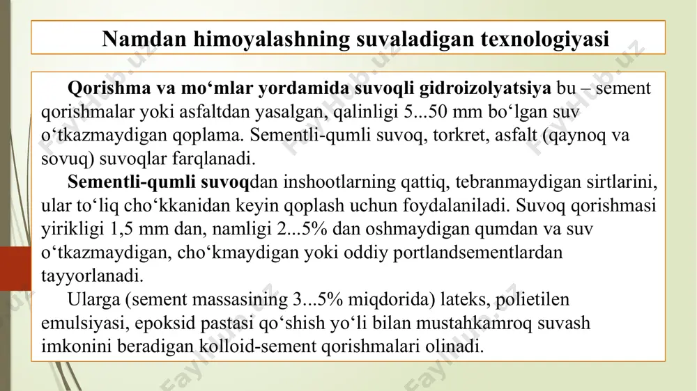 idroizolyatsiya materiallariga qaraganda bu usulning materiallari u darajada qimmat emas, vaholanki sifati bir xil; ishchiga soatlab gidroizolyatsiya qavatini hosil qilishiga ketmaydi. suvalish jarayoni tez va ortiqcha muammolarsiz amalga oshadi. xulosa qurilish konstruksiyalarini yemirilishiga olib boruvchi eng ko‘p tarqalgan va sezilarli ta’sir qiluvchi omil- namlanishdir. ekspluatatsiya qilinaѐtgan davrda binolarning birinchi qavat devorlari ko‘proq namlanadi. buni asosan grunt suvining ko‘tarilishi, gidroizolyatsiya qatlamining shikastlanishi keltirib chiqaradi. namlanish konstruksiyalarda fizik va ximiyaviy jarayonlarni rivojlanishiga olib kelib, shu bilan bir qatorda xonalardagi temperatura- namlik rejimini buzilishiga olib keladi. konstruksiyalarning namligini boshqa sabablar ham, xususan, devorlarning qalinligi yetarli bo‘lmay qolgan, devor ashѐsining haqiqiy zichligi hisobiy qiymatdan oshib ketgan, kun davomida havo haroratining keskin o‘zgarishi ro‘y bergan, havo namligi yuqori bo‘lgan hollar keltirib chiqarishi mumkin. foydalanilgan adabiyotlar husanxo’jayev o’, davronov g’ “gidrotexnika ishlarini bajarish” toshkent 2014 y www.homehill.ru www.ziyonet.uz image1.png image2.png image3.png media1.mp4 image4.png image5.jpg image6.jpg image7.jpg
