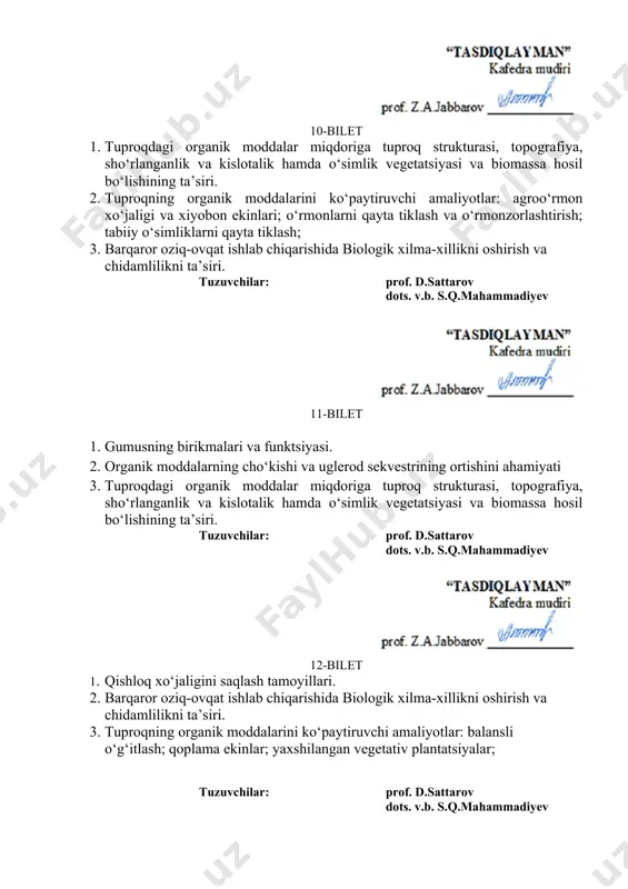ahamiyati 3. qishloq xo‘jaligini saqlash tamoyillari. tuzuvchilar: prof. d.sattarov dots. v.b. s.q.mahammadiyev 15-bilet 1. barqaror oziq-ovqat ishlab chiqarishida biologik xilma-xillikni oshirish va chidamlilikni ta’siri. 2. tuproqning organik moddalarini ko‘paytiruvchi amaliyotlar: balansli o‘g‘itlash; qoplama ekinlar; yaxshilangan vegetativ plantatsiyalar; 3. qishloq xo‘jaligini saqlash tamoyillari. tuzuvchilar: prof. d.sattarov dots. v.b. s.q.mahammadiyev 16-bilet 1. kirish. fan to‘g‘risida tushuncha, fanning predmeti, ob’ekti, o‘rganish uslublari. 2. organik moddalarning cho‘kishi va uglerod sekvestrining ortishini ahamiyati 3. tuproqning organik moddalarini ko‘paytiruvchi amaliyotlar: kompost; mulcha yoki doimiy tuproq qoplami; parchalanish tezligining pasayishi; tuproqqa ishlov berishning kamayishi yoki nolga tenglashtirish. tuzuvchilar: prof. d.sattarov dots. v.b. s.q.mahammadiyev 17-bilet 1. barqaror oziq-ovqat ishlab chiqarishida biologik xilma-xillikni oshirish va chidamlilikni ta’siri. 2. qishloq xo‘jaligini saqlash tamoyillari. 3. tuproq organik moddalarining tuproq xossalariga ta’siri. yomg‘ir suvidan samarali foydalanishning qurg‘oqchilikka chidamli tuproq yaratishda o‘rni. tuzuvchilar: prof. d.sattarov dots. v.b. s.q.mahammadiyev 18-bilet 1. qishloq xo‘jaligini saqlash tamoyillari. 2. barqaror oziq-ovqat ishlab chiqarishida biologik xilma-xillikni oshirish va …