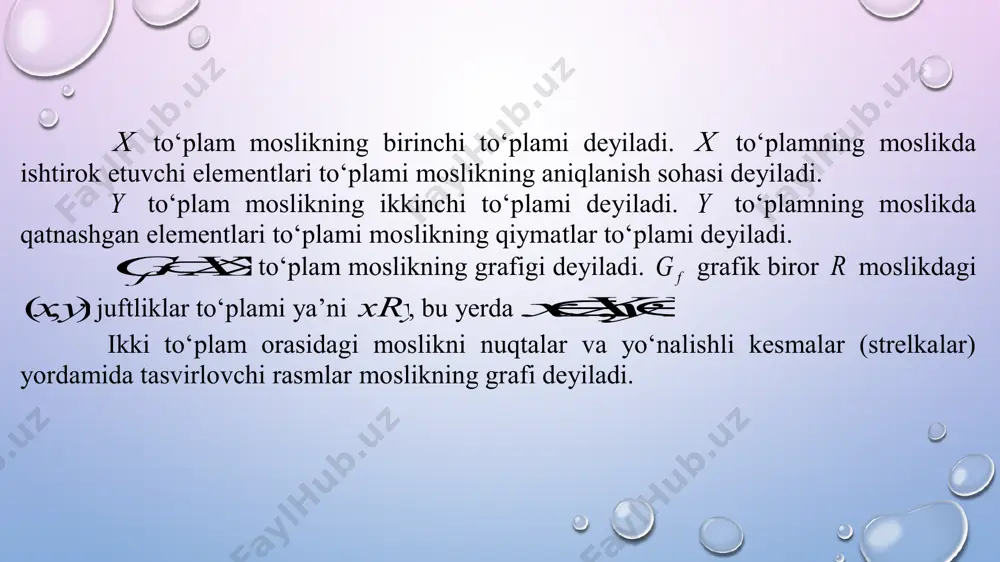 n o‘z -o‘ziga karrali bo‘lgani uchun oxiri ustma -ust tushadigan strelkalar mavjud. bunday strelkalar sirtmoqlar deyiladi. 3-misol.       15 3 ; 12 2 ; 10 2 ; 7 1 ; 6 1 ; 5 1 kasrlar to‘plamida tenglik munosabati berilgan. (18 - chizma) 18-chizma bu munosabat: 1) refleksiv, chunki ixtiyoriy kasr o‘z -o‘ziga teng; 2) simmetrik, chunki x kasrning y kasrga tengligidan y kasrni x kasrga tengligi ham kelib chiqadi; 3) tranzitiv, chunki x kasrning y kasrga va y kasrning z kasrga tengligidan x kasrning z kasrga tengligi kelib chiqadi. i. agar x to‘plamda ekvivalentlik munosabati berilgan bo‘lsa, u holda bu munosabat x to‘plamni juft-jufti bilan kesishmaydigan qism to‘plamlariga ajratadi. yuqoridagi misolimizda qism to‘plamlar ii.                   7 1 , 12 2 ; 6 1 , 15 3 ; …