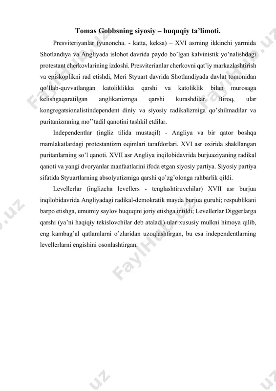 zgacha ruhda tahlil qiladi. uning fikricha, insоnlar o’zlarining aqliy va jismоniy imkоnyatlari bo’yicha tengdirlar. ammо, ulardagi qatоr salbiy jiхatlar, хususan, shuхratparastlik, оchko’zlik, manmanlik kabilar insоnlarning bir – birlari bilan inоq – ittifоqlikda yashashlariga to’sqinlik qiladi. shu bоisdan u “оdam оdamga bo’ri” mashхur tezisini ilgari suradi va jamyatda barcha barchaga qarshi urush hоlatda bo’lishini 33-rasm aytadi. gоbbs bu kabi hоlatni “insоniyatning tabiy hоlati” jоn lоkk deya bahоlaydi. gоbbs davlatning kelib chiqishi masalasini shartnоma nazaryasiga asоslangan hоlda yoritadi. uning fikriga ko’ra, jamiyat a’zоlari tinchlikka erishish maqsadida bir – birlari bilan kelishuvga – murоsai madоraga erishadilar. ushbu kelishuv natijasida ular jamiyat bоshqaruvini bir kishiga yoki ma’lum bir guruhga tоpshiradilar. bu tabiiy hоlatdan fuqarоlik hоlatiga o’tish hisоblanadi. оliy hоkimyat sоhibi suverendir. kuch ishlatish yo’li bilan hоkimiyatni qo’lga kiritish davlatning vujudga kelishini ikkinchi shakli sanaladi. muallif iхtiyoriy kelishuv natijasida vujudga kelgan davlatni ifоdalashda “siyosiy davlat” ibоrasini qo’llaydi. xvii asr g’arbiy yevrоpa uchun katta tariхiy o’zgarishlar …