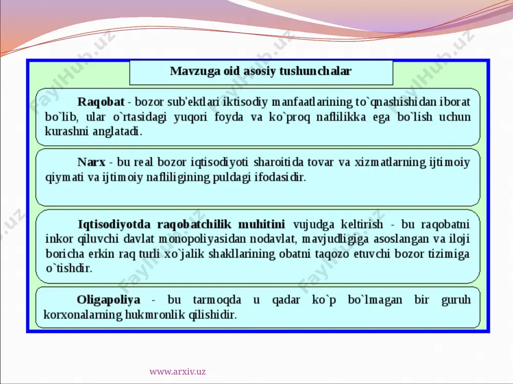 va monopsoniya. sof monopoliya – tarmoqdagi yagona ishlab chiqaruvchi yoki sotuvchining narx va ishlab chiqarish hajmini belgilashdagi yakkahukmronlik holati hisoblanadi. monopsoniya – tarmoqdagi ishlab chiqaruvchi yoki sotuvchilar soni juda ko‘p bo‘lib, ular tovar yoki xizmatlarining yagona iste’molchisi yoki xaridori mavjud bo‘lgan sharoitdagi yakkahukmronlik holati hisoblanadi www.arxiv.uz monopoliyaning vujudga kelishi sababi va tavsifiga ko‘ra: tabiiy monopoliya, legal monopoliya, sun’iy monopoliya. tabiiy monopoliya – korxonaning texnologik xususiyatlari sababli mahsulotga bo‘lgan talabni qondirish raqobat mavjud bo‘lmagan sharoitda samaraliroq amalga oshiriluvchi tovar bozorining holati. legal (qonuniy) monopoliya – bu qonuniy tarzda tashkil etiluvchi monopolistik holat. sun’iy monopoliya – monopol foyda olish maqsadida tashkil etiluvchi birlashmalarning shartli (tabiiy monopoliyalardan ajratib turish uchun) nomi. www.arxiv.uz sun’iy monopoliyalar kartel, sindikat, trest, konsorsium, konsern kabi aniq shakllarda namoyon bo‘ladi. www.arxiv.uz kartel – bitta sanoat tarmog‘idagi bir necha korxonalarning uyushmasi bo‘lib, uning ishtirokchilari ishlab chiqarish vositalari va mahsulotlariga o‘z mulkiy egaligini saqlab qoladi. sindikat – bir turdagi mahsulot ishlab …