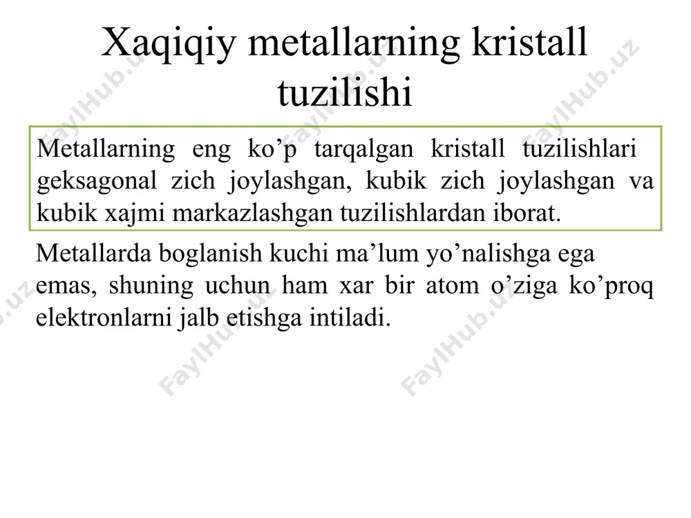 uchun boshqa rangda tasvirlangan. hajmi markazlashgan kub (hmk) m: cr, w, fe (), tantal, molibden 2 atom/yacheyka:1(markaz) + 8 (burchak) x 1/8 * zich joylashish koeffitsiyenti: hmk a • hajmi markazlashgan kub yacheyka uchun zjk = 0.68 atom yacheyka atom hajmi yacheyka hajmi a 3 zjk = 4 3 p ( 3 a/4 ) 3 2 3 a uzunligi = 4r = zich joylashuv yo’nalishi: a r a 2 a 3 * • koordinatsion son = 12 --eslatma: barcha atomlar bir xil. yacheyka yonlarining markazlaridagi atom tasavur qilish oson bo’lishi uchun boshqa rangda tasvirlangan. yonlari markazlashgan kub (ymk) m: al, cu, au, pb, ni, pt, ag 4 atom/yacheyka: 6 (yon) x 1/2 + 8 (burchak) x 1/8 * * • yonlari markazlashgan kub yacheyka uchun zjk = 0.74 zich joylashish koeffitsiyenti: ymk maksimum zjk atom yacheyka atom hajmi yacheyka hajmi a 3 zjk = 4 3 p ( 2 a/4 …