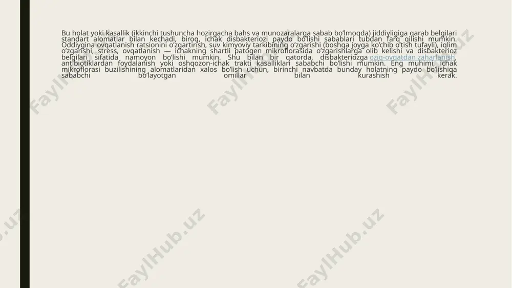 (lineks, bifiform, bifidumbakterin, laktobakterin), saxaromitset bulardi, enterokokklarni topish mumkin. disbakteriozning jiddiy shakllarini davolash og’ir shakllarda ichak disbakteriozi yanada murakkab farmakologik preparatlar bilan davolanadi va ular uchta shartli guruhga bo’linadi. ulardan birinchisi antibakterial preparatlardir. ular muayyan turdagi mikroorganizmlarga ta’sir ko’rsatadi va o’sishini va tarqalishini to’xtatadi. antibakterial preparatlar (ichak antiseptiklari) mikrofloraning buzilishiga olib kelgan mikroorganizmlar turiga qarab buyuriladi. shartli-patogen mikroorganizm qo’llaniladigan antibakterial preparat enterokokk ersefuril, furazolidon, enterofuril, levomitsitin, makrolidlar. protey nevigramon, sulgin, ersefuril, enterofruil. stafilokokk piobakteriofag, stafilokokk bakteriofag. kandidalar va boshqa zamburug’li agentlar flukonazol, mikosist, terbinafrin, ambizom. klostridiyalar metronidazol, vankomitsin. pseudomonas aeruginosa kanamitsin, gentamitsin. bolalardagi disbakterioz - sabablar ichakni bir necha yuz turdagi mikrorganizmlar yashaydi va bu majmua murakkab bir jamoa bo'lib, vakillari bir-biri bilan tinch-totuv yashaydilar. agar ichakning disbakteriozi mavjud bo'lsa, bolalarda immunitetning pasayishi, muhim moddalar etishmasligi va boshqalar. mikrofloraning holati juda ko'p omillarga bog'liq: iqlim, sanitariya sharoitlari, dietaning sifati, turli kasalliklarning mavjudligi. bolalarda nima uchun dysbioz paydo bo'lishini aniqlashda ularning …