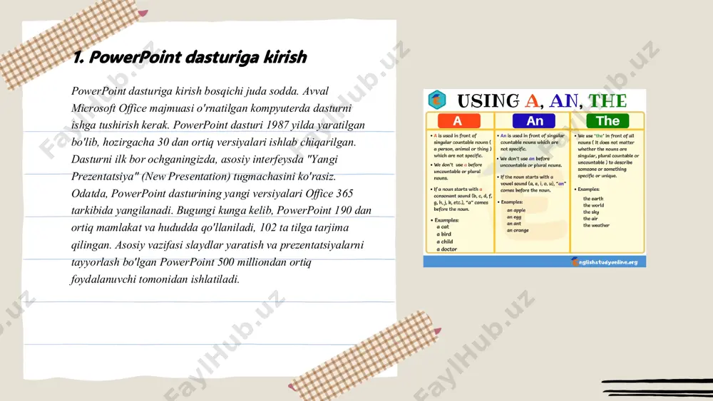 jadvallar ko'pincha biznes analitikasi, ta'lim va ilmiy tadqiqotlarda qo'llaniladi. chiziqli grafiklar vaqt davomida o'zgarishni ko'rsatish uchun juda qulay, doiraviy diagrammalar esa foizlarni taqqoslash uchun samarali. jadvallar esa aniq va izchil ma'lumotlarni taqdim qilishda qo'l keladi. powepoint dasturi yordamida darslarga koʻrgazmali qurollar tayyorlashni oʻrgatish 8 e'tiboringiz uchun raxmat! slide 1: powepoint dasturi yordamida darslarga koʻrgazmali qurollar tayyorlashni oʻrgatish slide 2: powepoint dasturi yordamida darslarga koʻrgazmali qurollar tayyorlashni oʻrgatish slide 3: ... slide 4 slide 5: ... slide 6: ... slide 7: ... slide 8: ... slide 9: powepoint dasturi yordamida darslarga koʻrgazmali qurollar tayyorlashni oʻrgatish