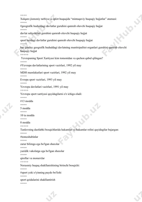 ==== #1924 yildan beri ==== 1925 yildan beri ==== 1926 yildan ==== 1927 yildan beri +++++ yunesko qachon va qayerda tashkil topgan? ==== #1946 parij ==== 1945 yil london ==== 1944 yil berlin ==== 1945 yil nyu-york +++++ liganing asosiy boshqaruv hujjatlari qanday? ==== #konstitutsiya yoki nizom ==== nizom yoki nizom ==== buyruq yoki tartibga solish ==== nizom yoki farmon +++++ transfer tizimi nima? ==== #sportchilarni bir sport tashkilotidan boshqasiga o'tkazish tizimi ==== klubdan klubga o'tish tizimi ==== ishlaydigan sport tashkilotlarini boshqasiga o'tkazish tizimi ==== sport tashkilotlari ma'muriyatini boshqasiga o'tkazish tizimi +++++ sug'urta polisi nima? ==== #sportchi hayotini sug'urta qilish hujjati ==== shaxsni tasdiqlovchi hujjat ==== sog'liqni saqlash hujjati ==== yashash sharoitlari hujjati +++++ sport musobaqalarini tashkil etish shakli qanday? ==== #sport tomoshasi ==== sport klubi ==== sport bo'limi ==== sport klubi +++++ musobaqalarni tashkil etish va o‘tkazishni tartibga soluvchi asosiy hujjatlar qanday? ==== #tanlov qoidalari va qoidalari ==== nizom …
