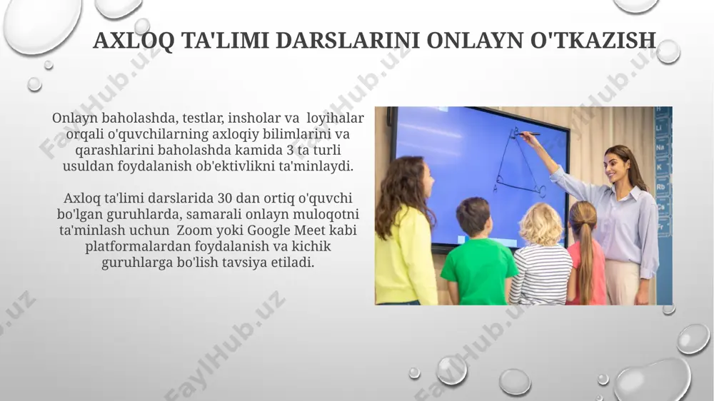 esa moral ta'limni kengroq auditoriyaga yetkazishga yordam beradi. virtual sinf xonalarida 20 dan ortiq turli xil interaktiv vositalar, jumladan, veb-seminarlar, onlayn testlar va forumlar orqali samarali moral ta'limni amalga oshirish mumkin. ta'lim jarayonini individualizatsiya qilish ta'lim jarayonini individualizatsiya qilishda o'quvchilarning 5 ta asosiy qobiliyatini aniqlash va ularga moslashtirilgan 3 xil o'quv materiallari va 2 ta turdagi baholash usullarini qo'llash samaradorligini oshiradi. individualizatsiya qilingan ta'limda har bir o'quvchining yutuqlari va kamchiliklarini kuzatish uchun kamida 10 ta baholash parametrlaridan foydalanib, 2 haftalik monitoring o'tkazish kerak. dars jarayonini qiziqarli va samarali qilish har bir darsda kamida 2 ta turli xil o'quv uslublarini (masalan, individual ishlar, guruhlarda hamkorlik, mustaqil loyihalar) qo'llash orqali 80% ga yaqin o'quvchilarning o'zlashtirish darajasini yaxshilaydi. interfaol taxtalar va onlayn resurslardan foydalanib, 3d modellashtirish, videoroliklar yoki animatsion materiallar orqali axloqiy tushunchalarni vizual ravishda namoyish etish samaradorligini oshiradi. zamonaviy texnologiyalar va axloq ta'limi onlayn forumlar va muloqot vositalari orqali o'quvchilar orasida fikr …