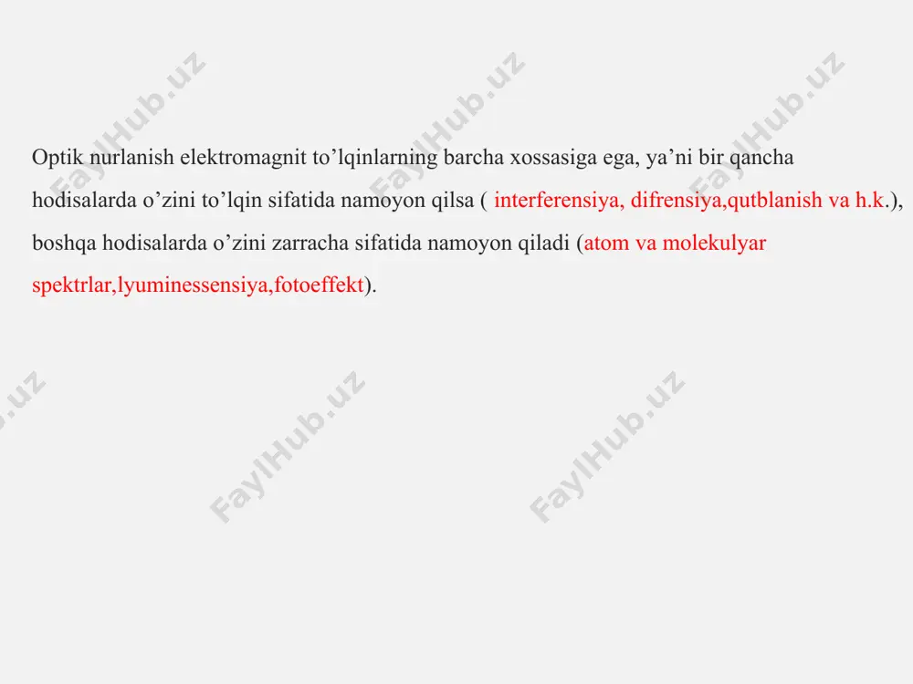 maning yutilish ko’rsatgichi . c- konsentratsiya yorug’likning yutilishi jd=j0e-xcd –buger-lambert-ber qonuni moddadan o’tgan yorug’lik intensivligini moddaga tushayotgan yorug’lik intensivligiga nisbati o’tkazish koeffisenti yoki shaffoflik deyiladi. t=jd/jo – nurlanishning qanday qismi moddadan o’tganligini ko’rsatadi. moddaga tushayotgan yorug’lik intensivligini, moddadan o’tgan yorug’lik intensivligiga nisbatining o’nli logarifmi optik zichlik deyiladi. yorug’likning yutilishi d=lg jo/jd=lg1/t=-lgt=x’cd; x’=x/2,78 optik zichlik moddadan o’tadigan yoruglik intensivligini qancha tartibga kamayishini ko’rsatadi. qatlamning qalinligi doimiy bo’lganda optik zichligi bo’lgan moddaning doimiy konsentratsiyasiga va tushayotgan yoruglikning to’lqin uzunligiga bog’liq bo’ladi. agar konsentratsiyalari c1 va c2,qalinliklari d1 va d2 bo’lgan bir moddaning ikki eritmasi yorug’likni bir xil yutsa, ularning optik zichliklari teng bo’ladi. d1=d2 yoki c’c1d1=c’c2d2=>c1d1=c2d2 bundan c1/c2=d2/d1 ya’ni, eritmalarning konsentratsiyasi qatlamlar qalinlinligiga teskari proporsionaldir. bo’yalgan eritmalardagi modda konsentratsiyasini aniqlash metodi – konsentratsion kolorimetriya deyiladi.bu yuqoridagi qonuniyatga asoslangan. yorug’likning sochilishi. reley qonuni. bir jinsli bo’lmagan muhitda yorug’lik to’lqinining turli tomonlarga tarqalish hodisasiga – yorug’likning sochilishi deyiladi. yorug’likning sochilishining zarur sharti nobirjinslikning bo’lishidir. …