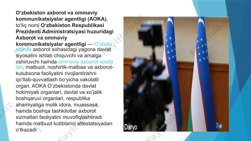 da so‘z erkinligini ta’minlash, axborot va ommaviy kommunikatsiyalar sohasini boshqarish tizimini qayta tashkil qilish, ijtimoiy-siyosiy va sotsial-iqtisodiy rivojlanishning muammoli masalalarini hal etishda ommaviy axborot vositalarining rolini oshirish bo‘yicha sezilarli ishlar amalga oshirildi. havolalar[tahrir | manbasini tahrirlash] oʻzbekistonda aloqa manbalar[tahrir | manbasini tahrirlash] ↑ uzbekistan country profile. library of congress federal research division (february 2007). this article incorporates text from this source, which is in the public domain. ↑ „информационная служба uznews.net прекратила свою работу.“ (inglizcha). www.uznews.net. 9-aprel 2018-yilda asl nusxadan arxivlandi. qaraldi: 16-dekabr 2019-yil. ↑ rights and freedoms left off arxivlandi 4-mart 2016-yil wayback machine saytida. reporters without borders. 20 january 2011. retrieved 22 january 2014. turkum: vikipediya:avtomat tarjimalar jurnalistik tashkilotlar jurnalistika telekanallar televideniye pages with unreviewed translations etiboringiz uchun rahmat image1.png image2.jpeg image3.jpeg image4.jpeg image5.png image6.jpeg image7.png image8.jpeg image9.jpeg