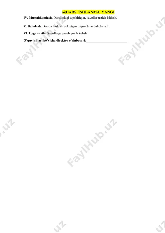 rdilar. kambiz misrni zabt etishi bilan eron davlati hududini nihoyatda kengaytirdi. miloddan avvalgi 522-yilda shoh doro i (mil. avv. 522-486-yillarda hukmdor) qadimgi fors davlati taxtiga chiqdi. bu paytda bosib olingan barcha mamlakatlarda qo‘zg‘olonlar alangalanib ketdi. doro i butun mamlakat uchun “doroyi” deb nomlangan yagona oltin tangani muomalaga kiritdi. suza, ekbatana va boshqa shaharlar ahamoniylar davlatidagi muhim savdo markazlari edi. persepol shahrida doro i va kserksning muazzam xonalar va yuz ustunli zali bo'lgan saroyining qoldiqlari saqlanib qolgan. makedoniyalik aleksandr mil. avv. 330-yilda fors davlatini bosib oldi. ahamoniylar davlati ikki yuz yildan ziyod hukmronlik qilgan. iv. mustahkamlash. darslikdagi topshiriqlar, savollar ustida ishlash. v. baholash. darsda faol ishtirok etgan o’quvchilar baholanadi. vi. uyga vazifa. savollarga javob yozib kelish. o’quv ishlari bo’yicha direktor o’rinbosari:_________________________