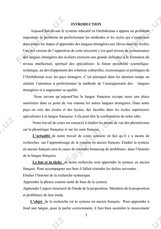 le français eux-mêmes. ces conclusions pourront être utilisées dans les mémoires de fin d’études des étudiants. les méthodes que nous avons utilsées au cours d’élaboration de notre étude sont l’analyse contextuelle, l’analyse fonctionnelle et la méthode quantative. la structure et le volume de notre travail de cours. elle se compose de l’introduction, de deux chapitres, de la conclusion, et de la liste de littératures utilisées. dans l’introduction nous avons donné l’explication brève de la problématique de la syntaxe en ancien français. nous avons démontré l’actualité du sujet et nous avons justifié le choix de ce sujet. le but et la tâche, les valeurs théoriques, les valeurs pratiques, les références, les méthodes ont été également décrits dans l’introduction. dans le premier chapitre nous avons analysé les aspects théoriques de la problématique de la syntaxe en ancien français. dans le deuxième chapitre nous avons examiné les aspects pratiques du sujet. dans la …