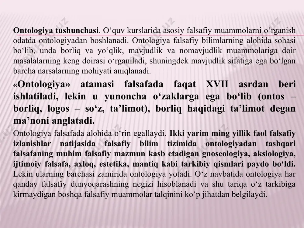 siflab, ularni «bo‘shliq» - yo‘qlikka zid o‘laroq, «to‘la» yoki «qattiq» borliq bilan tenglashtirgan. markaziy osiyoning eng qadimiy kitobi “avesto”da, borliq harakatdagi dunyo, butun jonli va jonsiz narsalarning uyg‘unligidagi mavjudlik deb ifodalanadi. keyinchalik falsafa tarixida borliqning ko‘p sonli har xil talqinlari shakllandi, lekin ularning barchasi borliq haqidagi hissiy va oqilona tasavvurlar atrofiga u yoki bu tarzda tiziladi. bunda fikrlar va yondashuvlar rang-barangligi namoyon bo‘ladi. xususan, o‘rta asrlar yevropa falsafasida «haqiqiy borliq - «xudoning borlig‘i» va «haqiqiy bo‘lmagan», ya’ni xudo yaratgan borliq farqlanadi. sharqning buyuk mutafakkiri forobiy borliq muammosini hal qilishda “vujudi vojib” va “vujudi mumkin”ning o‘zaro nisbatiga murojaat qiladi. uning fikricha “vujudi vojib” barcha mavjud yoki paydo bo‘lishi mumkin bo‘lgan narsalarning birinchi sababi. birinchi sabab sifatida u o‘zga turtkiga muhtoj emas. u mutloq borliq va donishmandlik ifodasi. “vujudi mumkin” esa doimo o‘zgarishda, ziddiyatli munosabatlarda bo‘lib, unda barcha narsalar oddiydan murakkabga, tartibsizlikdan tartiblilikka qarab harakat qiladi. “vujudi vojib“ yaratgan eng buyuk voqelikdan …