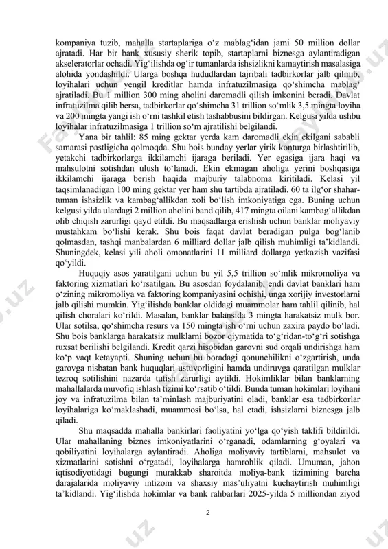 siga olib chiqishi kerak. shu bois ularga “kichik biznesni qo‘llab-quvvatlash” dasturi doirasida shartsiz 300 million so‘m kredit beriladi. bu orqali kelgusi yillarda 1,5 million aholi ishli bo‘ladi. ilgari banklar oilaviy tadbirkorlik dasturlariga mablag‘ni faqat davlatdan olgan. xalq banki tashabbus qilib, osiyo taraqqiyot banki bilan “moliyaviy ommaboplik” dasturi doirasida 50 million so‘mgacha ortiqcha hujjat va garovsiz kredit berayapti. ushbu namuna asosida, kelgusi yil 9 ta davlat banki 1 milliard dollar kredit berib, 250 ming odamni daromadli qilishi mumkinligi aytildi. faol tadbirkorlar ishtirokida 27 ta tumanda ochilgan kooperatsiyalar yaxshi samara berayapti. kelasi yil 30 ta tumanda baliqchilik, quyonchilik, chorvachilik va asalarichilik bo‘yicha shunday kooperatsiyalar tashkil qilinadi. bunga 500 milliard so‘m yo‘naltiriladi. ham investitsiya olib keladigan, ham ko‘p ish o‘rni yaratadigan startap loyihalar qo‘llab-quvvatlanadi. buning uchun davlat banklari venchur kompaniya tuzib, mahalla startaplariga o‘z mablag‘idan jami 50 million dollar ajratadi. har bir bank xususiy sherik topib, startaplarni biznesga aylantiradigan akseleratorlar ochadi. yig‘ilishda og‘ir …
