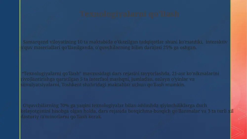 ablarning 70%ida qo'llaniladigan o'quv dasturlarini eslab qolishlarini taxmin qilish mumkin. darsning tuzilishi va bosqichlari darsning samarali tuzilishi 3 bosqichdan iborat bo'lishi mumkin: 1) kirish (5 daqiqa), 2) asosiy qism (25 daqiqa, samarqanddagi tarixiy manbalarga asoslanib), 3) yakunlovchi qism (10 daqiqa) o'quvchilarning faol ishtirokini ta'minlaydi. o'quv rejasida 2 ta asosiy usul – interaktiv va an'anaviy usullarni qo'llash orqali, 30 nafar o'quvchining intellektual salohiyatini rivojlantirishga qaratilgan 4 ta vazifani bajarish mumkin. namangan viloyatining geografik joylashuvini inobatga olgan holda, 1-sinf o'quvchilari uchun mo'ljallangan darsda 5 ta o'yin texnikasi va 2 ta yangi lug'at so'zini o'rgatish orqali darsning samaradorligini oshirish mumkin. baholash va ta'minot ta’minot jarayonini tushuntirishda, 15 ta turli resurslarni (darsliklar, qo‘llanmalar, interfaol doskalar va boshqalar) namangan shahridagi maktablar tajribasidan foydalanib, misol qilib keltirish mumkin. “baholash va ta’minot” mavzusidagi dars rejasini tuzishda, 5-sinf o‘quvchilari uchun 10 ta amaliy topshiriq va 3 ta mustaqil ishni o‘z ichiga olgan, samarqanddagi tarixiy obidalar misolida namunalar keltirish …