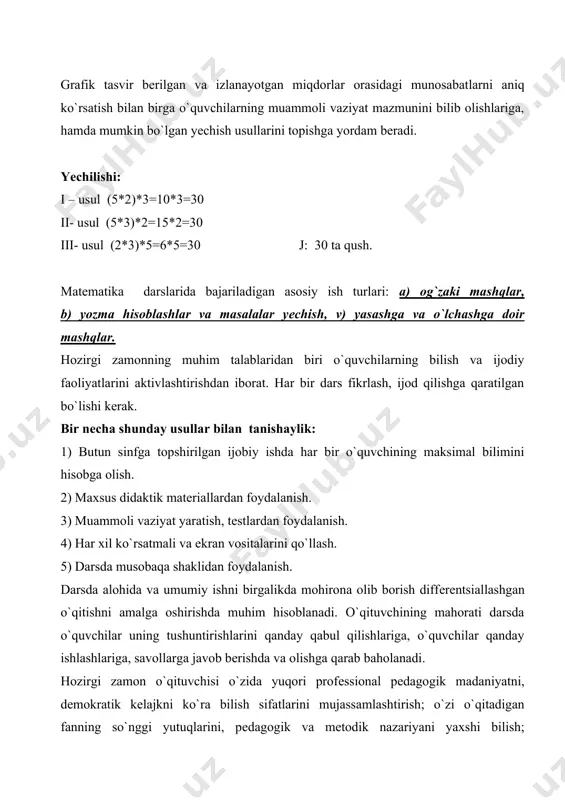 asosiy xillari: 1. murakkab dars. 2. yangi matеrialni o`rganish darsi. 3. bilim, malaka va ko`nikmalarni mustahkamlash darsi. 4. takrorlash – umumlashtirish darslari. 5. bilim, malaka va ko`nikmalarni nazorat qilish darsi. 6. muammoli dars. 7. andozasiz dars. 1. murakkab darslar - boshlang`ich sinflarda eng ko`p o`tiladi. tuzilishi: 1. uy vazifasini tеkshirish. 2. maxsus og`zaki mashqlar. 3. o`quvchilar oldiga dars maqsadini qo`yish. 4. yangi matеrialni idrok qilishga tayyorlash. 5. yangi matеrialni o`rganish. 6. yangi matеrialni mustahkamlash. 7. o`tilganlarni takrorlash. 8. darsni yakunlash va uyga vazifa bеrish. 2. yangi matеrialni o`rganish darslari - murakkab va yangi matеrialni o`rganish darslari tuzilishi jihatidan o`xshash. ammo, yangi matеrialni o`rganish darslarida asosiy vaqt yangi mavzuga bеriladi. m: 20-25 minut. (mur- 10-15 m). 3. bilimlar, malakalar va ko`nikmalarni mustahkamlash - bunday darsning maqsadi olingan bilimlarni mustahkamlashga yo`naltirilgan bo`ladi va unda mashqlar, amaliy va mustaqil ishlar asosiy vosita hisoblanadi. tuzilishi: 1. dars maqsadini qo`yish. 2. uy vazifasini tеkshirish va …