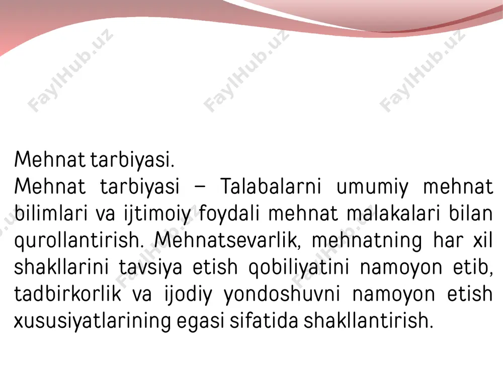 vchilarni yoki talabalarni tanishtirish ularda simmetriya, mutanosiblik, chiziqlar, rang va kolorit uyg'unligini idrok etish tuyg'ulariga ega bo'lishlarini ta'minlashga xizmat qiladi. estetik ong o'ziga xos murakkab tuzilishiga ega. ya'ni: o'quvchilarni estetik madaniyatliligini quyidagi mezonlarga ko'ra aniqlash mumkin: -estetik bilimlarning tarkib topganligi; -estetik madaniyatning tarbiyalanganligi; -estetik v a madaniy meros namunalaridan -xabardor bo’lish; -estetik tuyg'uning rivojlanganligi; -ijtimoiy hayot, tabiat va mehnat go'zalliklarini his etish; -go'zallikka intilish ehtiyojining rivojlanganligi; -estetik idealning shakllanganligi, yoshlarni jismoniy tarbiyasi jismoniy tarbiya — b u sog'lom tunnush tarzini va gigiyenik ko'nikmalarni shakllantirishga, salomatlik va jismoniy kuchlarni rivojlantirishga yo'naltirilgan, sog'lomlashtirish va bilish faoliyatlarini taslikil etish jarayoni. ya'ni: 1. umumiy o'rta t a ' l im maktablari o'quvchilar o'rtasida ≪umid nihollari≫ sport musobaqasi tashkil etiladi. 2. o'rta maxsus kasb-hunar ta'limi muassasalarining o'quvchilari o'rtasida ≪barkamol avlod≫ sport musobaqasi taslikil etiladi. 3. oliy o'quv yurtlarining talabalari o'rtasida ≪universiada≫ sport musobaqasi taslikil etiladi. jismoniy tarbiyani tashkil etish jarayonida quyidagi vazifalar hal qilinadi: - …