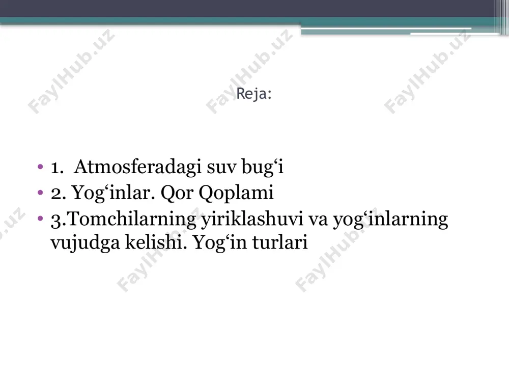 kattaliklar bilan aniqlanadi. 1. suv bug‘ining parsial bosimi (elastikligi) e deb – berilgan haroratda havo tarkibidagi suv bug‘ining faqat o‘zi, havo hajmiga teng hajmni egallaganida hosil qiladigan bosimiga aytiladi. suv bug‘ining parsial bosimi oldin aytganimizdek gpa birlikda o‘lchanadi. 2. to‘yingan suv bug‘ining bosimi e – berilgan haroratda suv bug‘ining mumkin bo‘lgan eng katta parsial bosimi (elastikligi) dan iborat va u ham gpa birlikda ifodalanadi. 3. absolyut namlik  deb – havoning hajm birligidagi suv bug‘ining massasiga aytiladi. havoning absolyut namligi g/m3 birlikda ifodalanadi. absolyut namlik  bilan suv bug‘ining parsial bosimi e orasida quyidagicha munosabat mavjud: 4. havoning nisbiy namligi  deb – mazkur haroratdagi suv bug‘i parsial bosimi e ning xuddi shu haroratdagi to‘yingan bug‘ bosimi e ga nisbatiga aytiladi va foiz hisobida quyidagicha ifodalanadi: quruq havoda e = 0 bo‘lganidan  = 0 ga teng, agar e = e bo‘lsa  = 100% bo‘ladi. demak, havo suv bug‘iga …
