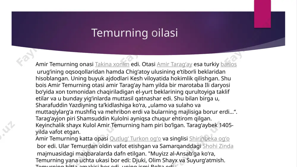 ablar ham bor. ibn arabshohning yozishicha (1436-yil yozilgan) kuchli sovuq natijasida " temur ibrida (sovuqdan jismni zaiflashtiradigan kasallik)kasaliga chalinib, tabiblar uni dad etish maqsadida tayyorlagan tarkibida isitadigan moddalar, xushboʻyliklar va rezavorliklar boʻlgan xamr aragʻini isteʼmol qilgan. tarixchi, xondamirning fikricha amir temur oʻlimini tabiblar dori sifatida tayyorlagan araq tezlashtirib yuborgan. xondamir „ habib us -siyar“ asarida shunday yozadi: "…sohibqiron shu asosda araqqa ragʻbat koʻrsatdi, unga javhar keltirishlarini buyurdi, koʻrinishidan suvdek boʻlsa ham sifati jihatidan olovdek edi. oliyjanob sohibqiron ikki kecha kunduz araq ichdi, ammo aslo ovqat yemadi. shuning uchun mijozoda oʻzgarish yuz berdi. temur tuzuklari "temur tuzuklari" — amir temurning harbiy va siyosiy faoliyatidan maʼlumot beruvchi tarixiy asar. "tuzuki temur" va "tuzukoti temur" nomlari bilan atalgan. amir temurning "tuzuklar" muallifi ekanligini eʼtirof etadigan olimlar koʻpchilikni tashkil etadi. bular orasida "temur tuzuklari"ning inglizcha tarjimonlari va noshirlari devi va uaytlar, mashxur turk qomusiy olimi shamsuddin somiy, qoʻlyozmalarning yirik tadqiqotchisi n.d. mikluxo maklaylar ham …