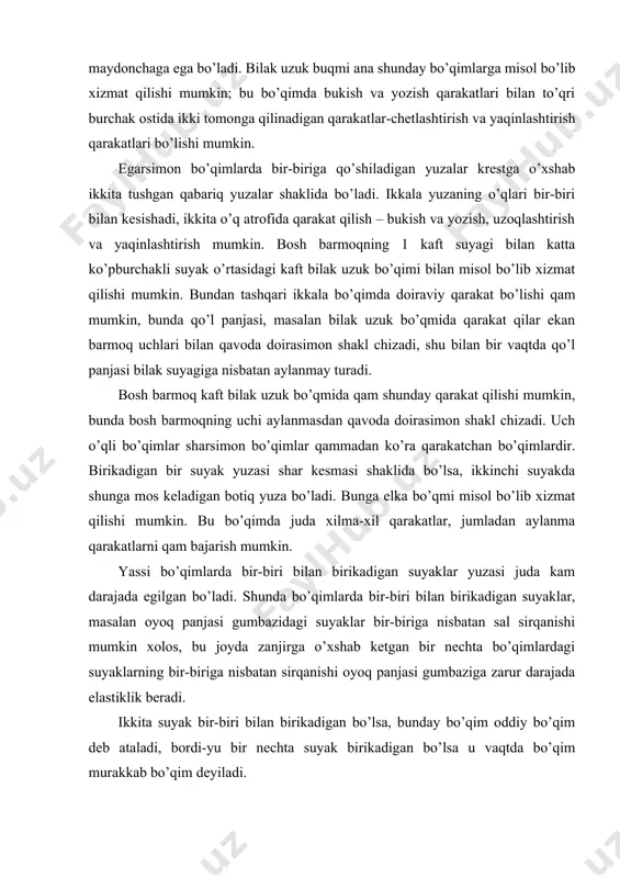 ishi oyoq panjasi gumbaziga zarur darajada elastiklik bеradi. ikkita suyak bir-biri bilan birikadigan bo’lsa, bunday bo’qim oddiy bo’qim dеb ataladi, bordi-yu bir nеchta suyak birikadigan bo’lsa u vaqtda bo’qim murakkab bo’qim dеyiladi. adabiyotlar: 1.b.boymеtov «plastik anotomiya» o’quv qo’llanma toshkеnt, 2005. 2.l.m.pisarеvskiy. lеpka golovi` chеlovеka. m.1968. 3.a.е.tеrеntеv. izobrojеniе jivotno`x i ptits srеdstvami risunka i jivopisi. m.1980. 4.g.m pavlov, v.n.pavlova «plastik anotomiya» m. 1967. 5.v.p.shеvchеnko «odam anotomiyasi va rasm». t., a.qodiriy nomidagi xalq mе'rosi nashriyoti 1996. 6.n.k.axmеdov. «odam anotomiyasi» atlas. ibn-sino.t. i-jild. 1996. ii-jild 1998. 7.m.i. rabinovich «odam, to’rt oyoqli hayvonlar va parrandalarning plastik anotomiyasi» 8.t.o’qituvchi, 1971. 9.m.ts.rabinovich. "odam to’rt oyoqli qayvonlar va parrandalarning plastik anatomiyasi va ularni rasmda qo’llash". toshkеnt. o’qituvchi, 1971 10.g.m.pavlov, v.n.pavlova. "plastik anatomiya". moskva. 1967 y. (ruscha).