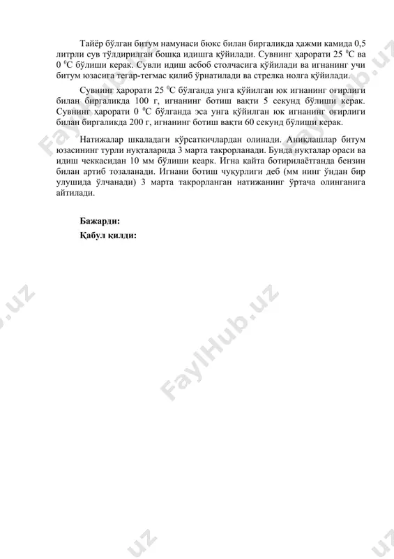 nadi. aniqlashlar bitum yuzasining turli nuqtalarida 3 marta takrorlanadi. bunda nuqtalar orasi va idish chekkasidan 10 mm bo'lishi keark. igna qayta botirilayotganda benzin bilan artib tozalanadi. ignani botish chuqurligi deb (mm ning o'ndan bir ulushida o'lchanadi) 3 marta takrorlangan natijaning o'rtacha olinganiga aytiladi. bajardi: qabul qildi: image1.jpeg