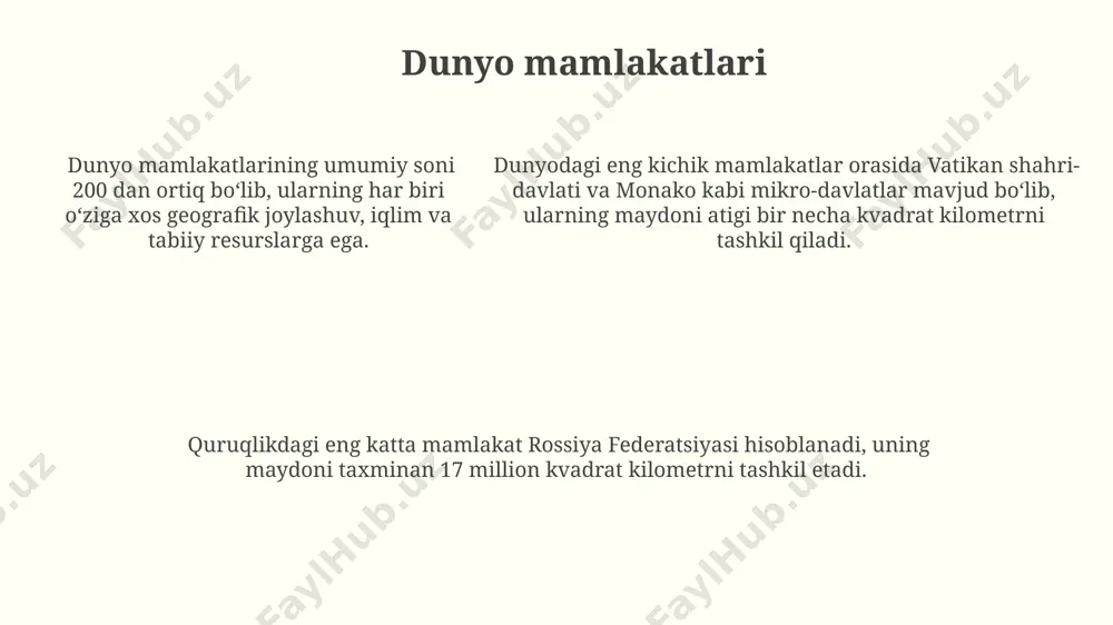 i tufayli jahon xaritalari sezilarli darajada o‘zgardi va takomillashdi. geografik tadqiqotlarning qadimgi yunon olimlari, masalan, ptolemey (mil. 150 yil) kabi shaxslar tomonidan yaratilgan xaritalar va geografiya bo‘yicha asarlari orqali 2000 yildan ortiq tarixga ega ekanligi aniqlangan. 20-asrda kosmik tadqiqotlarning rivojlanishi, sun'iy yo'ldosh texnologiyalari va gis (geografik axborot tizimlari) geografiya fanini inqilobiy darajada o'zgartirdi, yuqori aniqlikdagi ma'lumotlarni taqdim etdi. geografiyaning ahamiyati geografik ma'lumotlar tizimlari (gis) yordamida 100000 dan ortiq ma'lumotlarni tahlil qilish va muayyan hududlardagi tabiiy ofatlar, kasalliklar tarqalishi kabi xavflarni prognoz qilish mumkin. geografiya dunyoning 7,8 milliarddan ortiq aholisini joylashgan hududlarini, tabiiy resurslar taqsimotini va iqlim zonalarini o'rganish orqali demografik tahlillar o'tkazish imkonini beradi. davlatlararo chegaralarni belgilash, dengiz hududlari delimitatsiyasi va resurslarni taqsimlash kabi 50 dan ortiq xalqaro bitimlar geografiya fanining aniq bilimlariga asoslanadi. qit'alar va okeanlar tinch okeani dunyodagi eng katta okean hisoblanib, uning maydoni taxminan 179,7 million kvadrat kilometrni tashkil etadi va yer yuzasining uchdan bir qismini egallaydi. …