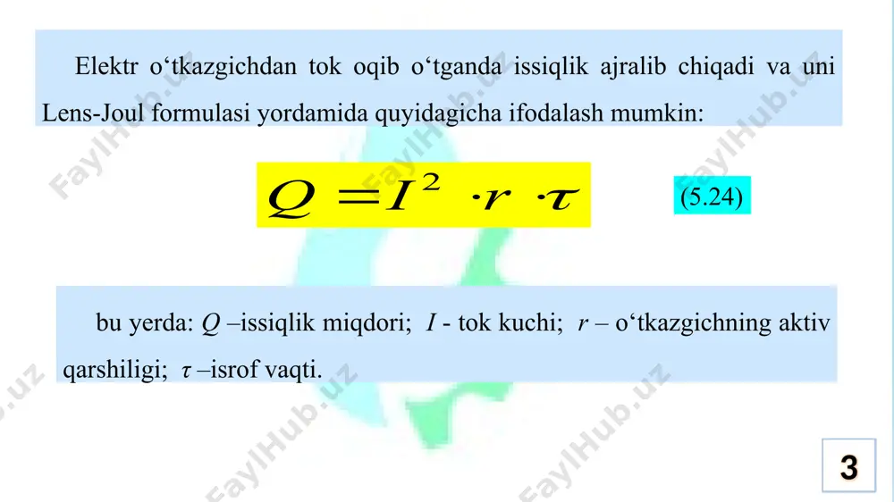 gichning yuza harorati; t0 – atrof muhitning harorati 0s; τ – vaqt, s. elektrosnabjenie 18 elektr ta’minoni 19 agar o‘tkazgichning harorati turg‘unlashsa, bu holat o‘tkazgichdan chiqayotgan issiqlikning, atorf muhitga tarqatilgan issiqlikka tenglashganligini anglatadi. ya’ni: bu yerdan: (5.26) elektr ta’minoni 20 yoki: bu yerda: d - o‘tkazgichning diametri; l - o‘tkazgichning uzunligi; γ – o‘tkazgich materialining solishtirma o‘tkazuvchanligi. c va r ning qiymatlarini (5.26) formulaga asosan quyidagicha ifodalash mumkin: (5.27) elektr ta’minoni 21 agar qolgan barcha ko‘rsatkichlar ma’lum bo‘lsa formuladan o‘tkazgichning ruxsat etilgan toki topiladi. odatda ruxsat etilgan tok formuladan emas, balki jadvaldan topiladi. ammo ushbu formulani o‘tkazgichning boshqa shakldagi ish rejimga o‘tgan paytdagi kattalikni aniqlash uchun ishlatish mumkin. mazkur holat uchun tokni aniqlashda: elektr ta’minoni 22 o’tkazgichning yuzasidagi issiqlik o‘tkazuvchanlik harorat o‘zgarishi bilan bir oz darajaga o‘zgarsa, xuddi shunday kattalik boshqa holat uchun quyidagicha ifodalanadi: ikkinchi ifodani birinchi ifodaga taqsimlab quyidagini olamiz: elektr ta’minoni 23 qisqartirishlardan so‘ng: (5.28) 5.27 – …