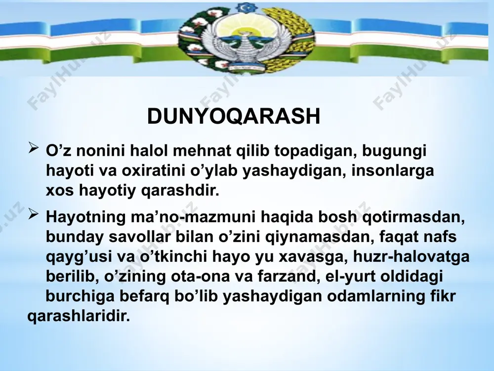 k yo'q- t.: «o'zbekiston», 1998. karimov i.a. jamiyatimiz mafkurasi xalqni - xalq, millatni- millat qilishga xizmat etsin. t.: «o'zbekiston», 1998. karimov i.a. milliy istiqlol mafkurasi - xalq e'tiqodi va buyuk kelajakka ishonchdir. t.: «o'zbekiston» 2000. manaviyat deganda nimani tushunasiz ? prezident i.a. karimovning ma/naviyatga bergan tarirflarini ayting hozirgi zamon glabal muammolari haqida tushincha bering globallashuv deganda nimani tushinasiz tasvvuf haqida tushincha bering manaviyat taraqqiyot omili deganda nimani tushinasiz manaviyat marifat va madaniyatning inson kamoliyatidagi ahamyati nimadan iborat quroni karin necha sura necha oyatdan iborat tasavvuf so’zi nimani anglatadi jadidchilik harakati namoyondalari kim savollar 2-11 tjab guruh talabasi jo’rayev dostonbekning manaviyat asoslari fanidan tuzgan taqdimoti image6.jpeg image7.jpeg image8.jpeg image9.png image10.jpeg image11.png image12.png image5.jpeg