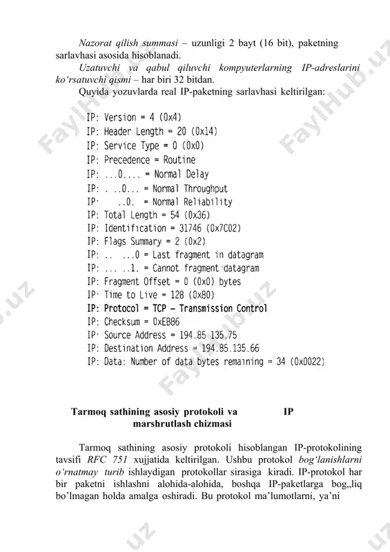 qlarni ulash uchun mo„ljallangan bir nechta interfeyslarga (portlarga) ega. marshrutizatorning har bir interfeysini tarmoqning alohida bog‘lami sifatida qarash mumkin. har bir interfeys tarmoq adresiga va unga ulangan tarmoq osti tarmog‘ining lokal adresiga ega bo„ladi. masalan: 1-raqamli marshrutizator n1, n2 va n3 tarmoqlarga ulangan uchta interfeysga ega. ushbu portlarning tarmoq adreslari ip11, ip12 va ip13 qilib belgilangan. ip11 interfeysi n1 tarmoqning bog„lami hisoblanadi, shunga ko’ra uning ip11 portining tarmoq adresi qismida n1 tarmoqning adresi yozilgan bo’ladi. mos ravishda ip12 interfeysi n2 tarmoqning, ip13 interfeysi esa n3 tarmoqning bog„lami hisoblanadi. shunday qilib marshrutizator, har bir bog‘lami o‘z tarmog‘iga tegishli bo‘lgan, bir nechta bog‘lamlar to‘plami sifatida qaralishi mumkin. marshrutizatorlar yagona qurilma sifatida, alohida tarmoq va alohida lokal adresga ega emas. tarmoqlardan iborat bo’lgan murakkab tarmoqlarda, ikkita chekka qurilmalar - kompyuterlar o’rtasida paketlarni uzatish mumkin bo„lgan bir nechta alternativ marshrutlarni ko’rsatish mumkin. a kompyuterdan b kompyuterga yuborilgan paket 17, 12, 5, 4 va 1 …