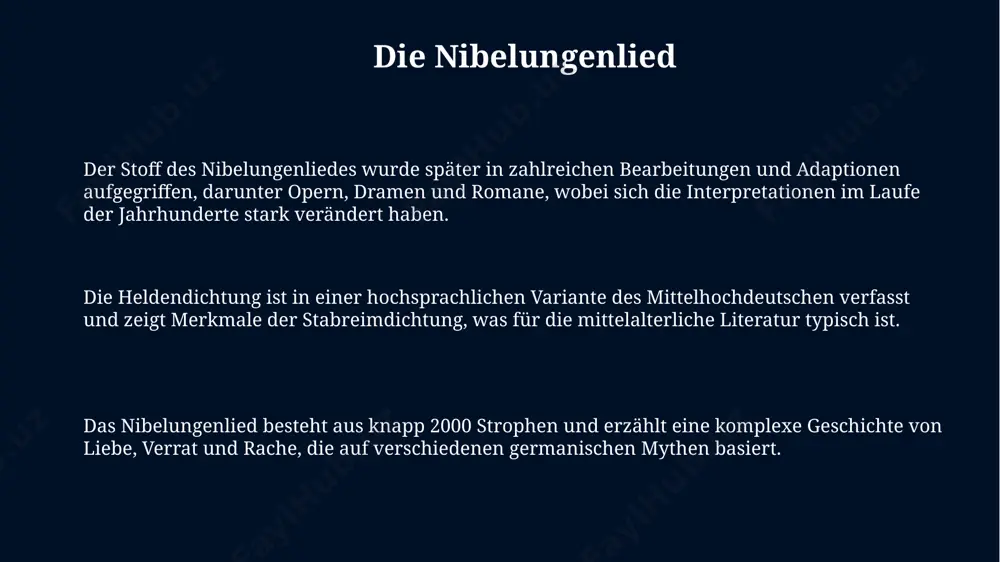 dichten und liedern (ca. 3000 verschiedene versionen), zeigten die große verehrung marias im mittelalterlichen christentum. mystische texte, wie die werke hildegards von bingen, dokumentierten individuelle religiöse erfahrungen und erlangten im 12. jahrhundert breite verbreitung und einfluss. die lateinische bibel, vulgata, übersetzt von hieronymus im 4. jahrhundert n. chr., bildete die grundlage für fast alle religiösen schriften und theologischen debatten des mittelalters. die minnesänger und ihre lieder neben höfischer liebe behandelten die lieder auch themen wie natur, politik und religiöse anschauung, reflektierend die vielschichtigen aspekte des mittelalterlichen lebens. minnesang-lieder wurden oft in strophischer form mit komplexen reimschemata und metren verfasst, demonstrierend hohe literarische fertigkeit. die blütezeit der minnesänger erstreckte sich über etwa 200 jahre, vom späten 12. bis zum frühen 15. jahrhundert, und umfasste hunderte von dichtern. wichtige autoren des mittelalters der „nibelungenlied“, ein um 1200 entstandenes episches gedicht von ca. 2.500 strophen, verdeutlicht die gesellschaftlichen verhältnisse und das heldenepos im …