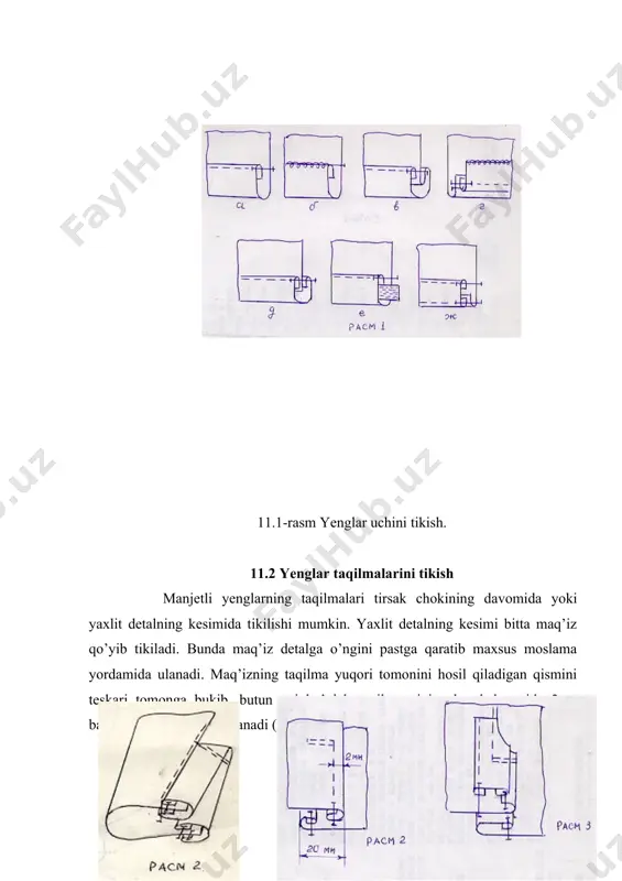 kenglikda bezak baxyaqator yuritiladi (11.5-rasm, v) 11.5- rasm. manjet tayyorlash. ulanma manjet choklash mashinasida yoki tikish-yo’rmalash mashinasida yengga ulanadi. manjetning ostki qismi yengga ulanib, chok manjet tomonga qaytarib qo’yiladi. ustki manjet ulash baxyaqatorini yopadigan qilib 0,1 sm. oraliqda bostirib tikiladi (11.6-rasm). tikish-yo’rmalash mashinasida manjet yeng uchi bilan o’ngini ichkariga qilib mashinada yo’rmalanib ulanadi ( 11.6-rasm). qaytarma manjetli yengni tikishda birta bo’lakdan iborat manjetning yon tomoni biriktirib tikiladi. choklar yorib dazmollanadi. o’ngiga aq’darilib ikki buklab dazmollanadi. manjet yengning teskarisiga qo’yib ulanadi, chok qirqimi yo’rmalanadi. chok haqi biriktirma chokdan 0,1-0,2 sm. masofada yengga bostirib tikiladi. yeng uchi dazmollanadi (11.7-rasm). 11.6-rasm. manjetni yeng uchiga tikish- 11.7-rasm. qaytarma manjetli yo’rmalash mashinasida ulash. yengni tikish. erkaklar kuylagi manjetli yengiga ishlov berish. buning uchun avval manjet tayyorlanadi. ustki manjetga qotirmani manjet qirqimlariga 0,5sm yetkazmay yopishtiriladi, ostki va ustki manjet o’ngi ichkariga qaratilib ostki manjet tomonidan 0,6sm ag’darma chok bilan tikiladi. manjetni o’ngiga ag’darib, ikki buklab tepa …