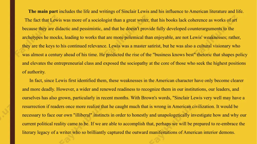 the commercial standards of a society that does not understand their ideals. . with dodsworth, lewis returned to zenith. at the beginning of the novel, sam dodsworth, a successful businessman in his forties, undergoes a crisis similar to babbitt’s, but there the similarities end. sam, a yale graduate, is much better educated than babbitt and is receptive to the arts. a self-made man, he builds his own company, but, following the prevailing trend in america, his small business is bought by a conglomerate. this causes the active, enterprising sam to believe himself to be a useless part of a big bureaucratic machine and provides an opportunity for his snobbish wife, fran, to persuade him to go with her on a long european tour. this trip takes up the major part of the novel, which is a rather shallow treatment of henry james’s “international theme.” elmer gantry is the most obvious …
