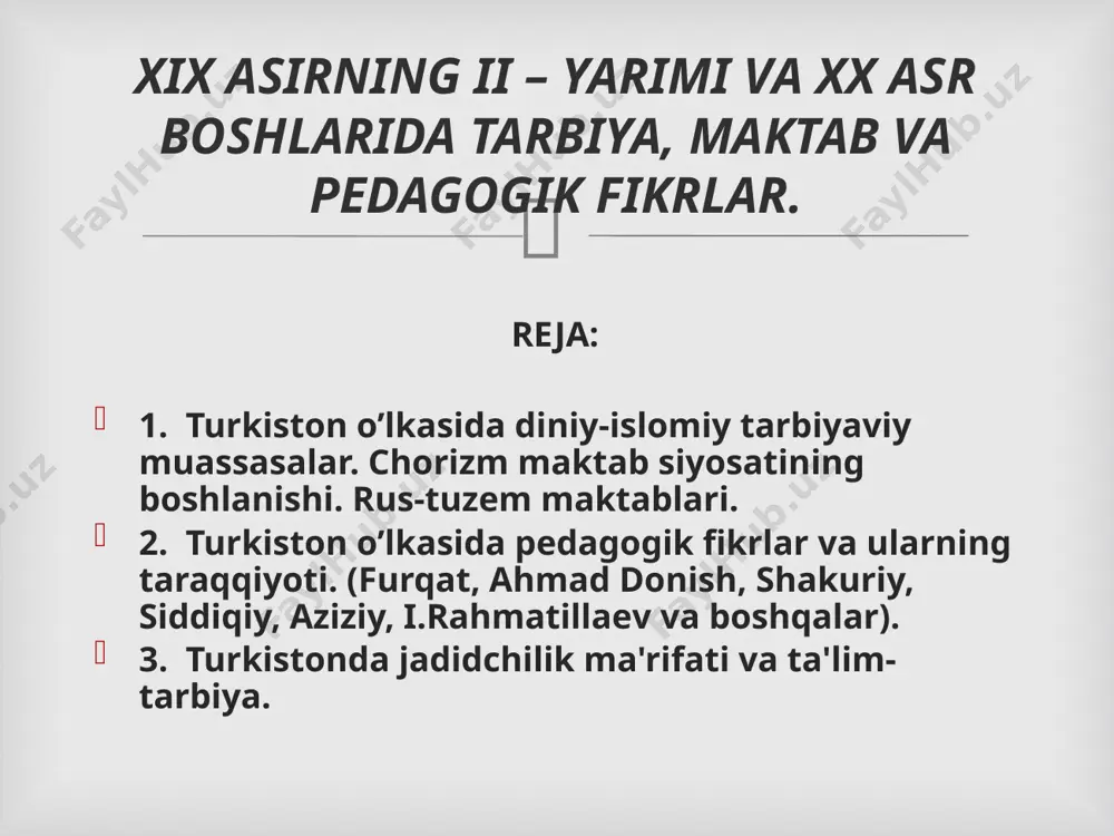 xx asrning boshlarida turkistonda chor mustamlakachiligining kuchayishi natijasida markaziy osiyoning ko`p joylarida jadidchilik harakati kuchayib kеtdi. ona turkistonni mustamlakachilik zulmidan qutqarish ma’rifatparvarlarning ijodiy shioriga aylandi. muqimiy, avaz, furqat anbar otin, dilshod barno, ahmad donish, mahmudxo‘ja behbudiy, abdurauf fitrat kabi ma’rifatchilar ana shular jumlasidandir.  jadidlar va islom dini jadidlar mafkurasiga ko‘ra islom dini shaxsning ma’naviy kamoloti va jamiyat rivojida muhim o‘rin tutgan. ular ushbu vazifani hal etmay turib, boshqa muammolarni bartaraf qilishning iloji yo‘qligini anglab yetganlar. jadidlar va islom dini.  1896-yil 1-yanvarda turkiston o‘lkasida: 1_. 1 ta o‘g‘il bolalar gimnaziyasi 2_. 1 ta ayollar gimnaziyasi 3_. 1 ta real o‘quv yurti 4_. 1 ta o‘qituvchi 5_. 28 ta rus-tuzem maktabi 6_. 2 ta xususiy bilim yurti mavjud edi.  yangi usul maktablarda quyidagilarga e’tibor qaratilgan edi. sinfda bolalar 30 dan oshmasligi 2 marta yoz va qishda bolalarni maktabga qabul qilish 1 muallimda 3-4 sinf bo‘lishi; dars 5 soatdan oshmasligi, …