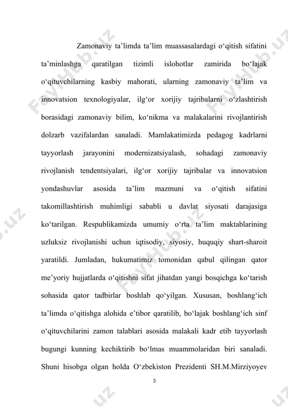 teraktiv metodlardan foydalanish tavsiya etiladi. oʻquvchilarda kichik tadqiqotchilik koʻnikmalarini shakllantirishda kuzatish, tajriba, oʻlchashlar, analiz(tahlil) va sintez, induksiya va deduksiya, taqqoslash va analogiya kabi ilmiy izlanish metodlaridan oʻrnida foydalanish talab etiladi. oʻquvchilarda bilim va koʻnikmalarni shunchaki shakllantirib qolmasdan, ularni hayotiy vaziyatlarda qoʻllay olish kompetensiyalarini ham tarkib toptirish muhim ahamiyat kasb etadi. boshlangʻich sinf oʻquvchilarini algebraik ifodalar bilan tanishtirish, ya’ni sonlarni harflar bilan belgilash, kelajakda oʻquvchilarning oʻzgaruvchi, funksiya tushunchalarini oʻrganishiga zamin tayyorlaydi. kichik maktab yoshidagi oʻquvchilarni tenglama va masalalarni tenglama tuzib yechishga oʻrgatish, masalalarni turli usulda yechishni takomillashtirishda, masalalarni toʻgʻri tushunib mulohaza yuritishda muhim oʻrin tutadi. algebraik material boshlangʻich ta’limning toʻrt oʻquv yilida oʻrganiladi[footnoteref:2]. algebraik materiallarni oʻrgatish jarayonida boshlangʻich sinf oʻqituvchisi quyidagilarni bilishi zarur: [2: jumayev m.e, tadjiyeva z.g‘. boshlangiich sinflarda matematika o‘gitish metodikasi. (00'y uchun darslik.) toshkent. “fan va texnologiyai” 2005 yi] - boshlangʻich matematika kursidagi algebraik mazmundagi oʻquv materiallarni ularning sinflar boʻyicha milliy oʻquv dasturidagi ketma-ketligini; - algebraik materiallar bilan …