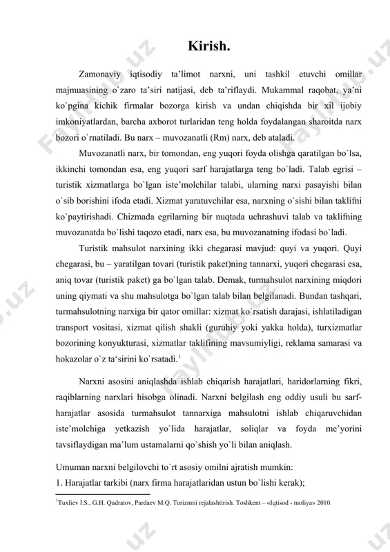 mmat bo`lgan xizmatlarni juda sifatli deb qabul qiladi, ayniqsa ularni tekshirish imkoniyati bo`lmagan holatda. 2. narx o`zgarishi, boshqa marketing tadbirlarga nisbatan, eng tez samara beradi. 3. salohiyatli turistlar taklif etilgan xizmatlar o`zgarishiga nisbatan narx o`zgarishiga tezroq javob beradi. 4. yangi mijozlarni jalb qilish maqsadida ro`y bergan narx o`zgarishi samara berishi uchun u faqat savdo vositachilar va salohiyatli mijozlarga qaratilgan tadbirlar bilan birgalikda amalga oshirilishi kerak. 1.1.turizmda narx siyosati. narx belgilash sohasida ma’lum siyosatni o`tkazayotganda, turistik firma sotish hajmga hamda oladigan foydaning miqdoriga faol ta’sir etadi. odatda, turfirma yaqin orada yuqori foyda olaman, deb turmahsulotni narxi ortig`i bo`lgan darajada sotmaydi, chunki egiluvchan narx siyosatini o`tkazishga harakat qiladi. narx belgilash siyosatiga ta’sir etuvchi turistik tashkiloti quyidagi imkoniy maqsadlarga ega bo`ladi: o`z faoliyatini saqlab qolish, eng yuqori foyda olish, bozorning eng katta ulushiga ega bo`lish, turmahsulot sifati sohasida ustunlik qilsh. 1.1.1-grafik foydani maksimallash-tirish: · o‘rtacha foydaga erishish; · sarmoyalar daromadi; · pul daromadlari: …