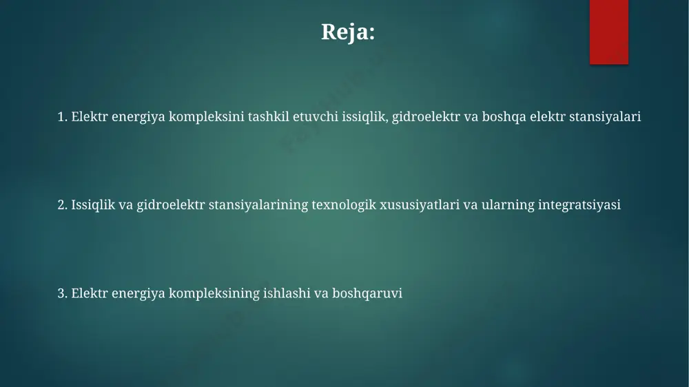 idan iborat boʻlib, umumiy quvvati 1000 mvt dan oshadi. kompleksning ishlash samaradorligini oshirish uchun energiya saqlash tizimlari, masalan, gidroakkumulyatorli elektr stansiyalari (gaes) yoki batareyalar, 10-20% gacha qoʻshimcha quvvatni ta'minlaydi. gidrox elektr stansiyalari gidrox elektr stansiyalari, suvning potentsial energiyasini elektr energiyasiga aylantirishda, oʻrtacha 80-90% samaradorlikka erishadi, bu esa boshqa turdagi elektr stansiyalariga nisbatan yuqori koʻrsatkich hisoblanadi. katta gidrox elektr stansiyalarining quvvati bir necha yuz megavattga (mw) yetishi mumkin, masalan, "nurek ges" ning quvvati 3000 mvt dan oshadi. gidrox elektr stansiyalarining ekologik taʼsiri, boshqa issiqlik elektr stansiyalariga nisbatan ancha kam boʻlib, uglerod emissiyasi deyarli nolga teng. boshqa turdagi elektr stansiyalari quyosh elektr stansiyalari (qes) yillik 1000 soatdan ortiq quyosh nurlanishi bo'lgan hududlarda 20% gacha elektr energiyasi ishlab chiqarishga qodir. bu energiya manbai atrof-muhitga kam ta'sir ko'rsatadi. geotermal elektr stansiyalari yer osti issiqligidan foydalanib, yiliga o'rtacha 50 mvt dan 500 mvt gacha elektr energiyasi ishlab chiqarish imkoniyatiga ega bo'lib, barqaror va ishonchli energiya …