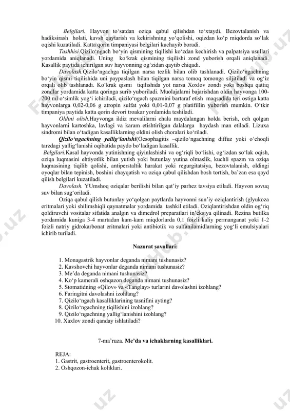 shtxo‘r hayvonlarga maydalangan go‘sht yoki bulon beriladi. kataral stomatitni davolash uchun kasal hayvonning og‘iz bo‘shlig‘i 3%-li natriy gidrokarbonat, 0,1%-li kaliy permanganat, 0,02%-li furatsillin, 0,1%-li etakridin laktat va 3%-li borat kislotasi eritmalari bilan yuvib turiladi. tarkibi 200 ml suv, 4 g natriy xlorid, 4 g borat kislotasi, 4 g natriy gidrokarbonat va 4 g vodorod peroksididan iborat bo‘lgan eritma (sdme, a.s.korobov kataral stomatitni davolashdagi eng samarali vositalardan biri hisoblanadi. dastlabki davolash ishlari tanglayda maxsus bigiz yordamida qattiq tanglayning shishgan joyiga bir-ikki marta zarbali teshishdan boshlanadi. oldini olish. oziqa tayyorlashga birinchi darajali e’tibor berish, oziqalarga zaharli moddalarning aralashib qolishiga yo‘l qo‘ymaslik choralarini ko‘rish, toza zotli uloqchi va sport otlariga esa qat’iy ravishda oziqa turi, sifati va oziqlantirish rejimiga rioya qilish yo‘lga qo‘yiladi. faringit (pharyngitis – xalqum va shu sohada joylashgan limfatik folikulalar, shilliq osti to‘qimasi, xalqum limfa tugunlari, yutinish muskullari va yumshoq tanglayning birgalikdagi yallig‘lanishlari oqibatida paydo bo‘ladigan kasallik. kasallikning kataral, krupoz, …