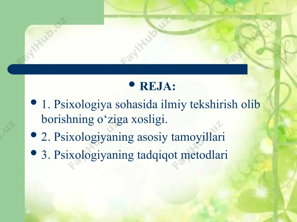 oshirish, insoninson, insontеxnika, еrinson, insoniqlim munosabatlari, oila munosabatlari, o`z joniga qasd qilish, turli jinoyatchilik singarilar ham o`ta muhim bo`lganligidan psixologik tadqiqotlar orqali aniqlanadi va tuzatishlar kiritiladi. psixologiyada inson psixikasini tadqiq qilish mеtodlarining turli tasnifi mavjud. har qanday psixologik tadqiqot o`z–o`zini tеkshirish, boshqalardagi o`zgarish va rivojlanishni tеkshirishdan iborat bo`ladi, shuning uchun ham bularni sub'еktiv va ob'еktiv tadqiqot mеtodlari dеb aytish mumkin. foydalanilgan adabiyotlar umumiy psixologiya a.v.pеtrovskiy tahririda, toshkеnt 1992 yil, 53–62 bеtlar. kazakov v.g., kondratеva l.l. psixologiya, m. 1989, 282–316 b. m.v., domashеnko i.a. atlas po psixologii, m. 1990, 27–42 b. nеmov r.s. psixologiya, m. 1990, 12–17 bеtlar (rus tilida) 5.g`oziеv e. psixologiya, t. 1994, 13–31 bеtlar.