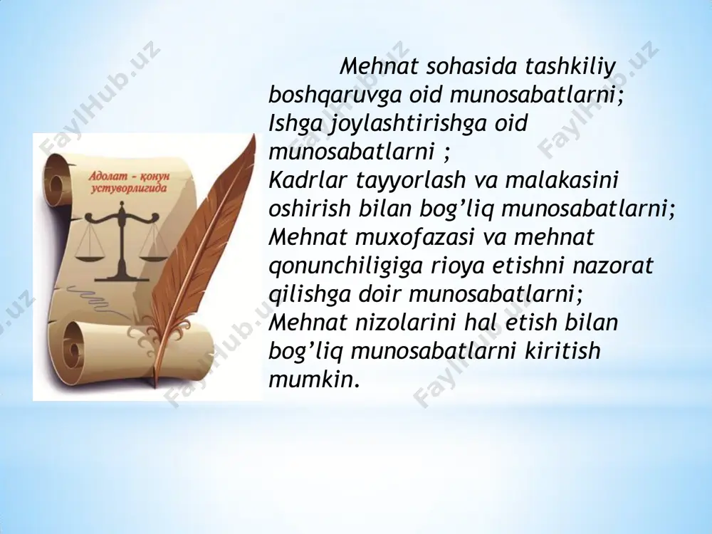 birinchi galda, ular har ikki huquq sohasida qo`llaniladigan uslub jihatidan farqlanadi. ijtimoiy ta`minot huquqi uslubining o`ziga xosligi shundan iboratki, bu huquq sohasi normalari bilan tartibga solinadigan munosabatlar shartnomaviy negizga tayanmaydi va asosan markazlashtirilgan huquqiy normalar orqali tartibga solinadi. ma’muriy huquq asoslari reja: 1. ma’muriy huquq tushunchasi, manbalari 2. ma’muriy-huquqiy munosabatlar, ularning sub’ektlari 3. ma’muriy huquqbuzarlik va ma’muriy javobgarlik tushunchasi davlat organlarining ijro etuvchi va farmoyish beruvchi faoliyatini tashkil etish hamda amalga oshirishda paydo bo’ladigan ijtimoiy munosabat larni tartibga soluvchi huquqiy normalar majmuidir. ma’muriy huquq tushunchasi davlat boshqaruvini amalga oshirish jarayonida kelib chiqadigan va ma’muriy huquq normalari bilan tartibga solinadigan munosabatlardir. ma’muriy huquqiy munosabatlar davlat boshqaruv organi - davlat apparatining bir qismi bo’lib, o’ziga yuklatilgan vakolatlar doirasida ijro etish va farmoyish berish faoliyatini davlat nomidan xalq xo’jaligi, ijtimoiy-madaniy hayot va ma’muriy -siyosiy faoliyat sohalarida amalga oshiruvchi tashkilotdir. davlat xizmati davlatga tegishli vazifa funktsiyalarni bajarish maqsadida davlat organlari xizmatchilari tomonidan kasb asosida …
