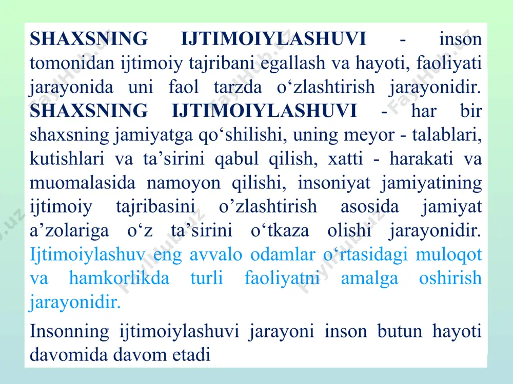 s-bu shaxsning majburiyatlari, huquqlari va imtiyozlarini belgilaydigan shaxslararo munosabatlar tizimida egallagan pozitsiyasi. ijtimoiy status insonning ijtimoiy jamiyatdagi mavqeini, shaxslararo munosabatlar tizimidagi mavqeini va uning pozitsiyasi tufayli olgan huquqlari, majburiyatlari, vakolatlari va imtiyozlarini tavsiflaydi. insonning ijtimoiy mavqei ushbu toifadagi odamlarning xatti-harakatlarini boshqaradigan belgilangan (konvensiya) qoidalar va qoidalarga muvofiq yashaguncha saqlanadi. nemis olimi e.shpranger (1882-1963) shaxs tiplarini quyidagicha ta’riflagan; 1. nazariy shaxs - muammo, savol, baxs munozaralarga javob izlash, tushuntirish, nazariyalashga extirosi baland professor-o‘qituvchilarda aks ettirilgan. 2. iqtisodiy shaxs - barcha hayotiy aloqalarda birinchi navbatda foyda keltiradigan inson turi, "amaliy odam", iqtisodiy inson uchun bilimning qiymati o‘zi, jamoasi, insoniyatga foyda keltiradigan narsalarni bilishga qaratilgan. 3. estetik inson- uyg‘unlik, go‘zallik istagi bilan ajralib turadi. olamni qalb go‘zalligida ko‘rish, estetik qadriyatlarni yaratish va zavqlanishlari muhim sanaladi. 4. ijtimoiy inson-odamlarga bo‘lgan muhabbat uchun yashaydi va harakat qiladi (aksincha, sevgi uchun emas, balki sevadigan odamlar uchun). shaxslararo munosabatlarga ijtimoiy yo‘naltirilgan insonlar 5. siyosiy shaxs-haqiqiy ma’naviy qadriyatlarga …
