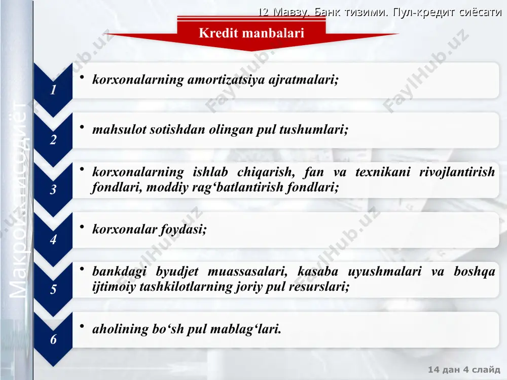 dagi zarur shartlar inobatga olinadi: jamlanma hisobvaraqlar uchun “mm” va/yoki “ss” nol raqamlariga ega bo‘ladi (masalan, 10000 — “aktivlar”, 10100 — “kassadagi naqd pul va boshqa to‘lov hujjatlari”); “aktivlar” bo‘limidagi “zararlarni qoplash zaxirasi” sarlavhali subhisobvaraqlar uchun “ss” o‘rnida 99 raqami qo‘llaniladi. 12 мавзу. банк тизими. пул-кредит сиёсати 14 дан ‹#› слайд макроиктисодиёт kodi — nomi 10000 aktivlar 10100 kassadagi naqd pul va boshqa to‘lov hujjatlari 10101 aylanma kassadagi naqd pullar 11100 sotib olingan debitorlik qarzlari — faktoring 12100 boshqa banklarga berilgan qisqa muddatli kreditlar 13000 nodavlat notijorat tashkilotlariga berilgan qisqa muddatli kreditlar 14300 davlat ehtiyojlari uchun xarid qilinadigan qishloq xo‘jaligi mahsulotlarini yetishtirish uchun berilgan uzoq muddatli kreditlar 15000 yakka tartibdagi tadbirkorlarga berilgan uzoq muddatli kreditlar 16100 bosh ofis/filiallardan olinadigan mablag‘lar 19999 ko‘rilishi mumkin bo‘lgan zararlarni qoplash zaxirasi — boshqa aktivlar (kontr-aktiv) 12 мавзу. банк тизими. пул-кредит сиёсати 14 дан ‹#› слайд макроиктисодиёт 20000 majburiyatlar 20200 talab qilib olinguncha saqlanadigan depozitlar …