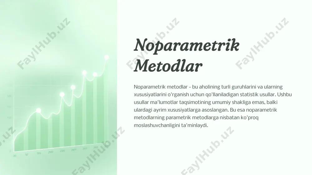 aniqlash uchun ishlatiladi. kruskal-wallis testi ikki yoki undan ortiq mustaqil namunalar o'rtasidagi farqlarni aniqlash uchun qo'llaniladi. 6 noparametrik metodlarning qo'llanish sohalari tibbiyot noparametrik metodlar tibbiyot sohasida, ayniqsa, klinik tadqiqotlarda keng qo'llaniladi. biznes bu metodlar marketingdagi masalalarni hal qilish, mijozlar tahlili va boshqa sohalarda qo'llaniladi. ijtimoiy fanlar noparametrik metodlar psixologiya, sotsiologiya kabi ijtimoiy fanlar sohasida ham qo'llaniladi. ta'lim ushbu usullar ta'lim sohasidagi tadqiqotlar, baholash va statistik tahlilda qo'llaniladi. 7 noparametrik metodlarga asoslangan statistik tahlil 1 taqqoslash noparametrik usullar ikki yoki undan ortiq guruhlarni taqqoslashda, ularning o'zaro farqlarini aniqlashda qo'llaniladi. 2 munosabat aniqlash bu metodlar turli o'zgaruvchilar orasidagi munosabatlarni, bog'liqliklarni aniqlash uchun ishlatiladi. 3 prognoz noparametrik usullar yordamida, ma'lumotlar taqsimotiga oid taxminlar qilmagan holda, prognoz qilish ham mumkin. 8 noparametrik metodlarning amaliy qo'llanilishi biologiya va tibbiyot noparametrik metodlar tibbiyot va biologiya sohasidagi tadqiqotlarda, xususan, yangi dori vositalarining samaradorligini baholashda qo'llaniladi. bozor tadqiqotlari ushbu metodlar marketingdagi turli masalalarni hal qilish, mahsulotlar va xizmatlar …