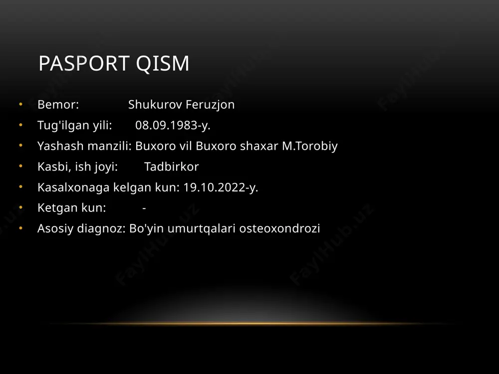 qavatlari och pushti rangda toza, periferik limfa tugunlari kattalashmagan. suyak-bo'g'im sistemasi deformatsiyasiz. gavdasi normostenik. o'pkasida vezikulyar nafas, nos-18ta/min. yurak tonlari bo'g'iq, puls-80ta/min, ritmik a/b- 130/90mm.sim.ust. qorni yumshoq, og'riqsiz, jigar va taloq paypaslanmaydi. ich kelishi va diurez regulyar. nafas olish sistemasi nafas olish burni orqali ravon, nafas harakatlari ko'krak tipida, ko'krak qafasi simmetrik, silindrik. gavdasi normostenik. ko'krak qafasi palpatsiyada ovoz dirillashi va ko'krak qafasi rigidligi normada, perkussiyada aniq o'pka tovushi, o'pka chegaralari normada auskultatsiyada vezikulyar nafas nafas olish soni-18 ta/min. o'pka chegaralari o'ng chap lin. clavicularis 6 - lin. axillaris anterior 7 7 lin. axillaris media 8 8 lin. axillaris posterior 9 9 lin. scapularis 10 10 lin. paravertebralis 11 11 yurak-qon tomir sistemasi shikoyati yo'q. yurak chegaralari normada, yuqori chegarasi chapdan to'sh qirrasi bo'ylab 3qovurg'aga, chap lin. clavicularis sinistradan 1sm tashqarida, o'ng chegarasi to'sh qirrasidan 1sm ichkarida. perkussiyada yurak maydoni sohasida absolyut bo'g'iq tovush. auskultatsiyada yurak cho'qqisida, aortal klapan proyeksiyasida …
