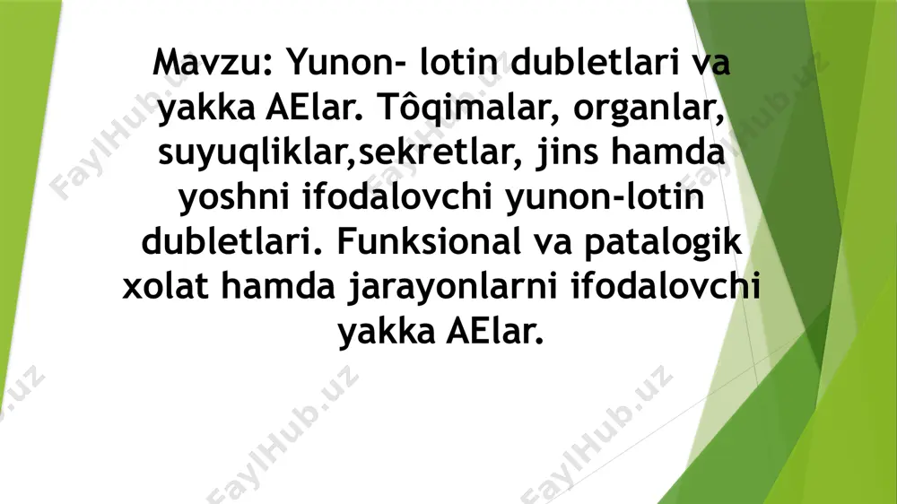 larda urg'u so‘z oxiridan 2- bo‘g‘inga, logia so'zida esa oxiridan 3- bo‘g‘inga qo'yiladi. yunoncha o'zaklardan qo'shma so‘z yasalganda ko‘pincha «0» interfiles qo'llanadi. masalan: gastr + o + scopia — gastroskopiya, gastroskop yordamida oshqozon shilliq pardasini tekshirish; ot + o + rhin + o + logia — meditsinaning quloq, burun, tomoq kasalliklami davolash bilan shug'ullanuvchi bo'limi. lekin «o» unlisi tushib qolishi ham mumkin: tonsillectomia — tonzillektomiya — bodomchani to‘la olib tashlash. ko'pchilik yunon va lotin atamalari o'zbek tiliga (o'zbek tili grammatik qoidasiga asosan) taijimasiz ko‘chiriladi. masalan: chronicus, a, um — xronik; infarctus, us m - infarkt. kephalo-, cephalo-, - cephalia (kephale) caput, itis, n bosh somato-, -soma (soma, atos) corpus, oris, n tana osteo- (osteon) os, ossis, n suyak haem olysis, haem otherapia, haem ostasis, em pyem a, haem angiom a, haem angiom atosis, haem oarthrosis, haem atologia, haem atom a, haema- tonephrosis, haem aturia, urohaem atom a. ii. m yocardium …