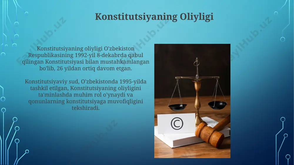 rayon 5 yildan ortiq davom etadi. mamlakatimiz konstitutsiyasining 15-moddasi, fuqarolarning huquq va erkinliklarini kafolatlash bilan birga, ularning 3 ta asosiy huquqiy hujjatlarga – konstitutsiya, qonunlar va boshqa normativ-huquqiy hujjatlarga rioya qilishini ta'minlashga qaratilgan. konstitutsiyaviy nazorat konstitutsiyaviy nazorat o‘zbekistonda 1995-yildan buyon faoliyat yuritmoqda va 20 dan ortiq konstitutsiyaviy shikoyatlarni ko‘rib chiqdi, bu esa huquqiy davlat tamoyillarini mustahkamlashga xizmat qildi. konstitutsiyaviy nazorat tizimi o‘zbekistonning 12 ta viloyati va respublika miqyosida qonunlarning konstitutsiyaga muvofiqligini tekshirish orqali fuqarolarning huquq va erkinliklarini himoya qilishda muhim rol o‘ynaydi. e'tiboringiz uchun rahmat @taqdimot_robot image3.jpg image4.jpg image5.jpg image6.jpg image7.jpg image8.jpg image9.jpg image10.jpg image11.jpg image12.jpg image13.jpg image2.png