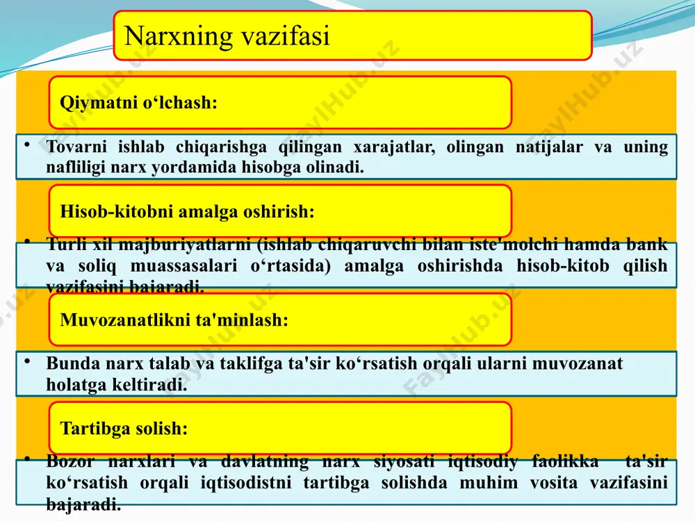 x diskriminasiyasi turli narxlar oralig‘ining puldagi ifodasi narx nisbati ham deb atalib, u o‘zaro bog’liq bo‘lgan va bir-birini yuzaga chiqaradigan narxlarni bildiradi. narxni kamayishi deb ham atalib, u narxlardagi farq ishlab chiqarish xarajatlaridagi farqlardan kelib chiqmaganda ro‘y beradi. yuqoridagilardan tashqari iqtisodiy hayotda quyidagi narxlardan ham foydalaniladi. 3. raqobatning turli shakllari sharoitida narxning shakllanish xususiyatlari erkin yoki sof raqobat sharoitida narxning shakllanishi. monopoliya sharoitida narxning shakllanishi. oligopoliya sharoitida narxning shakllanishi. monopsoniya sharoitida narxning shakllanishi. 14 narxlarni erkinlashtirishdan ko‘zlangan maqsad: xom ashyo bilan mahsulot narxlari o‘rtasidagi nomutanosiblikni yumshatish; narx bilan axoli daromadlari o‘rtasidagi mutanosiblikka erishish; investision tovarlar, ists'mol tovarlari va xizmatlar narxlarining oqilona nisbatini ta'minlash; tovarlar va xizmatlarning erkin narxlari hamda ta'riflariga o‘tish; davlatning narx siyosati - bozor iqtisodiyotiga o‘tish sharoitida narxlarni erkinlashtirish va milliy bozor narxlarini jahon bozori narxlariga yaqinlashtirishga qaratiladi. 15 ўзбекистонда иқтисодиётни ислоҳ қилишнинг ўзига хос тамойиллари, мамлактдаги иқтисодий вазият ва аҳолининг турмуш даражаси ҳисобга олиниб, нархларни босқичма-босқич эркинлаштириш …