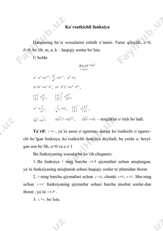 , ya`ni . 3. bo`lsin. a) bo`lganda, bo`ladi. haqiqatda, bu tengsizlikning ikkala tomonini ga bo`lamiz va ni yoki ni hosil qilamiz. shartga ko`ra va bo`lganidan bu tengsizlik-ning tog`riligiga ishonch hosil qilamiz: b) 0 1 bo`lgani uchun dan ni hosil qila-miz. bundan esa yoki va hosil bo`ladi. javob: . 2. 2. tengsizlikni yeching. yechish. tengsizlikni ko`rinishida yozamiz va asos 0,5 -4 yoki hosil bo`ladi. javob: . 3. tengsizlik yechilsin. yechish: 3x=t deb qabul qilsak, 9x=32x=t2 bo`ladi va berilgan teng-sizlikka teng kuchli t2+t-2>0 tengsizlik hosil bo`ladi. uni (t-1)(t+2)>0 ko`rinishida yozib yechim t 1 ni hosil qilamiz. x o`zgaruvchiga o`tsak, 3x 1 ni hosil qilamiz. birinchi tengsizlik yechimga ega emas, chunki barcha haqiqiy uchun 3x>0. ikkinchi tengsizlikni 3x>30 ko`rinishida yozib, bundan x>0 ni hosil qilamiz. javob: . 4. tengsizlikni yeching. yechish: qavsdan ni chiqarib, topamiz: asos bo`lgani uchun x≥-2 ni topamiz. yechim: . 5. tengsizlikni yeching. yechish. tengsizlikni ko`rinishida yozamiz va 6x=t deb …