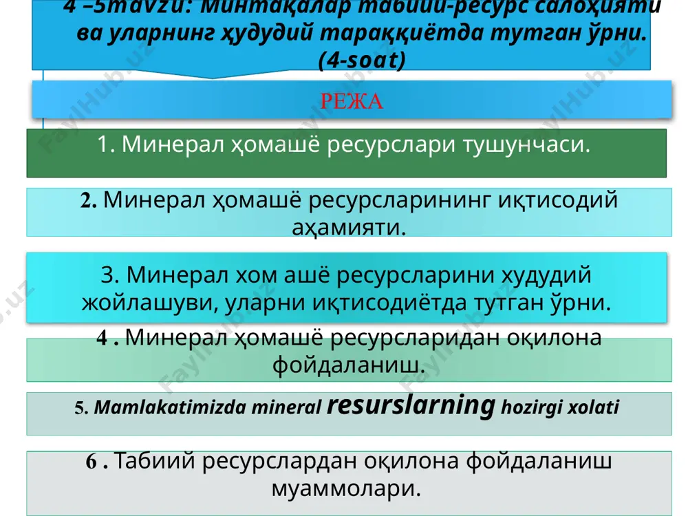 viloyatlari hamda qoraqalpog‘iston respublikasi hududlarida joylashgan.muruntov, myutenboy, triada, ajibugut, omontoytov, ko‘kpatas, daugyztov, charmiton, gujumsoy, sarmich, biron, marjonbuloq, ko‘chbuloq, qayrog‘och, qizilolmasoy, kovuldi, pirmirob, guzaksoy va boshqa konlar ma’lum. yer ostidan oltin qazib olish, shaxtalar orqali va er yuzasida karer hosil qilish yo‘li bilan olinadi. “olmaliq kmk ” va “navoiy kmk” mamlakatimizda oltin ishlab chiqaruvchi etakchi tashkilotlar hisoblanadi. davlat balansida jami 2 537 ta foydali qazilma konlari hisobga olingan. mamlakatimizda 101 ta oltin va 3 ta kumush koni hisobga olingan. konlarning asosiy qismi navoiy va olmaliq kon-metallurgiya kombinatlari xomashyo bazasi sifatida berilgan. ular quyidagi konlaridan iborat: 1 855 tasi qurilish materiallari; 296 tasi uglevodorodlar; 128 tasi tog‘-kon xomashosi; 92 tasi qimmatbaho metallar; 61 tasi tog‘-kimyo xomashosi; 41 tasi radioaktiv metallar; 31 ta rangli toshlar; 20 tasi rangli va kamob metallar; 8 tasi ko‘mir hamda yonuvchi slaneslar; 5 tasi qora metall. molibden molibden (yunoncha: molibdos — qoʻrgʻoshin; ), mo — mendeleyev davriy sistemasining …